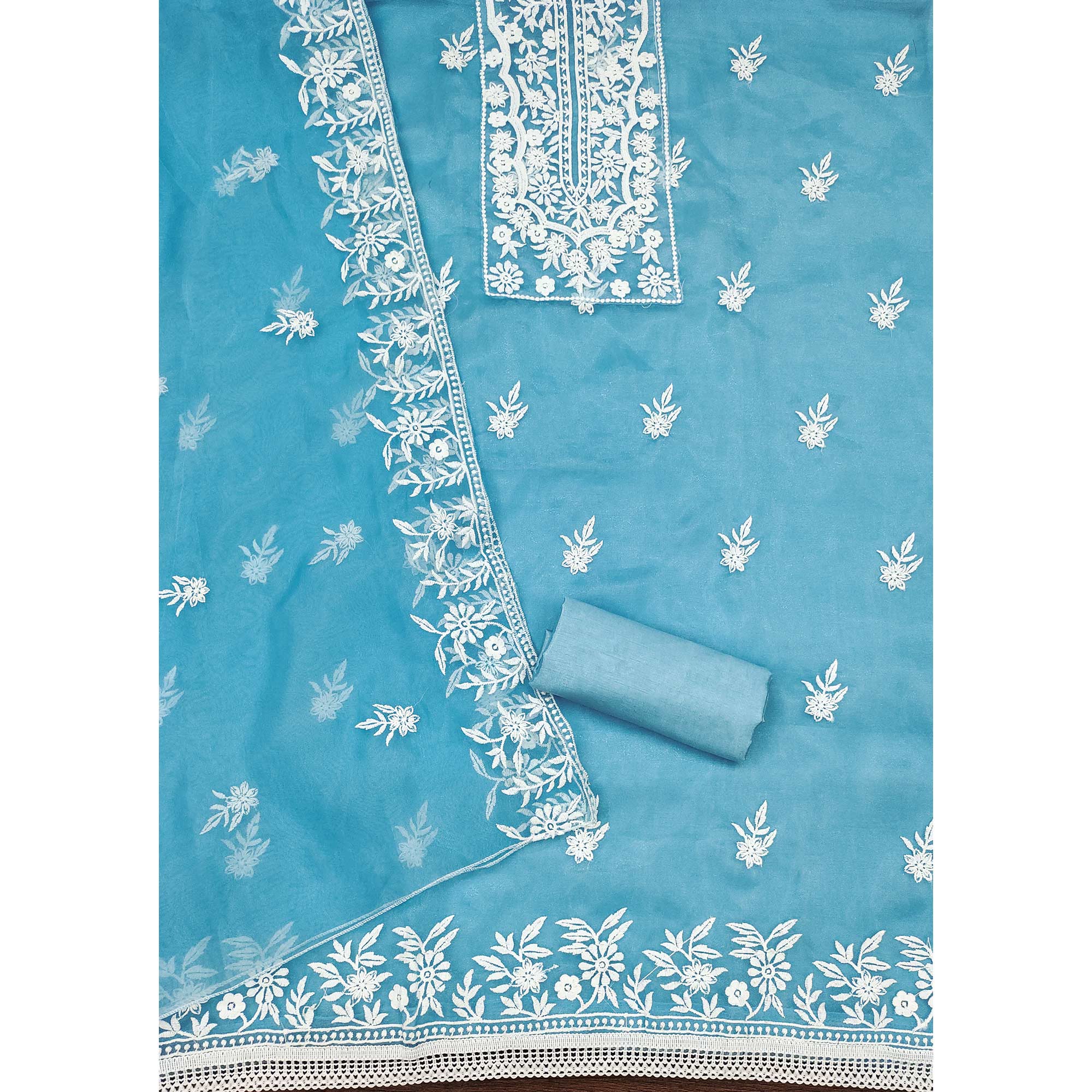 Blue Floral Embroidered Organza Dress Material