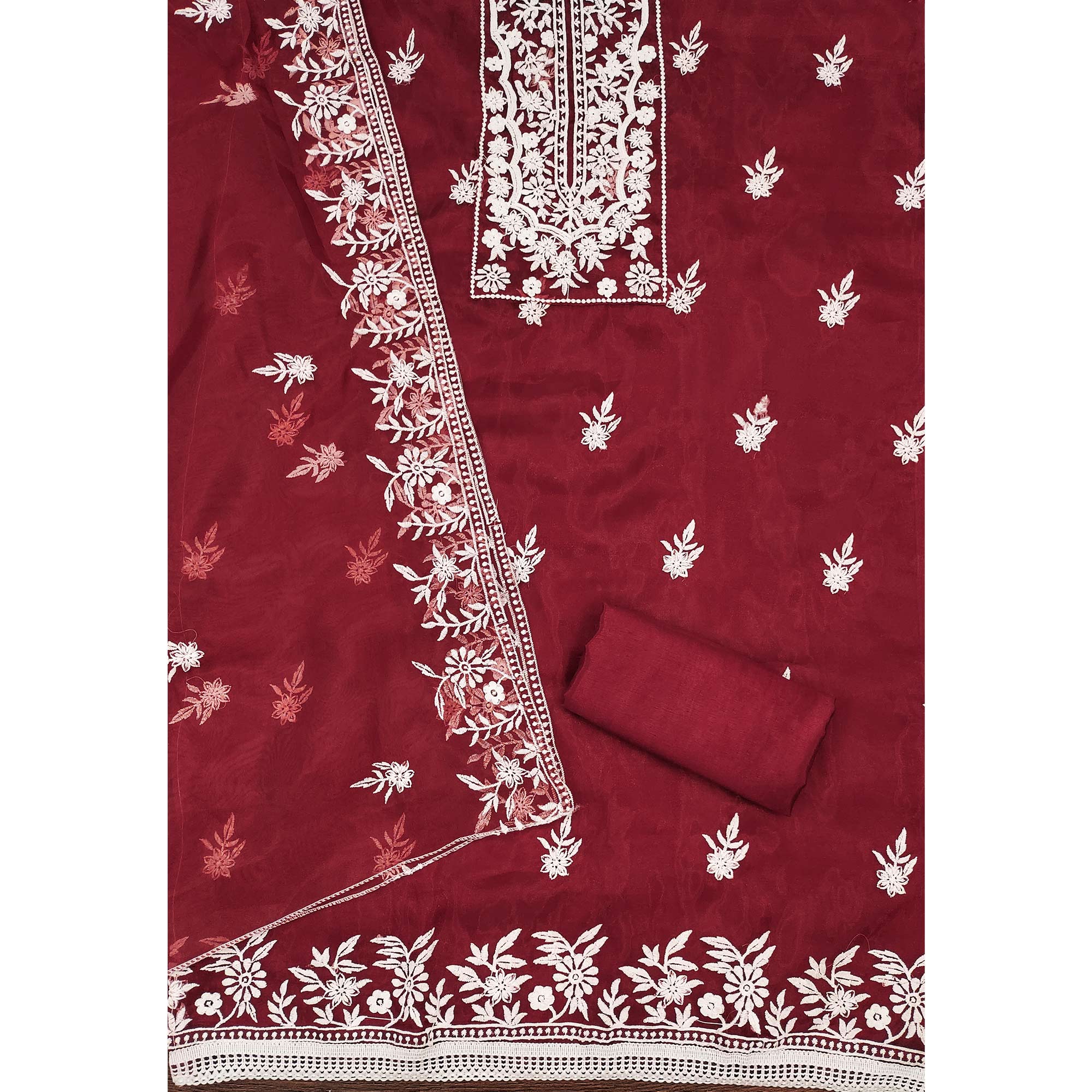 Maroon Floral Embroidered Organza Dress Material