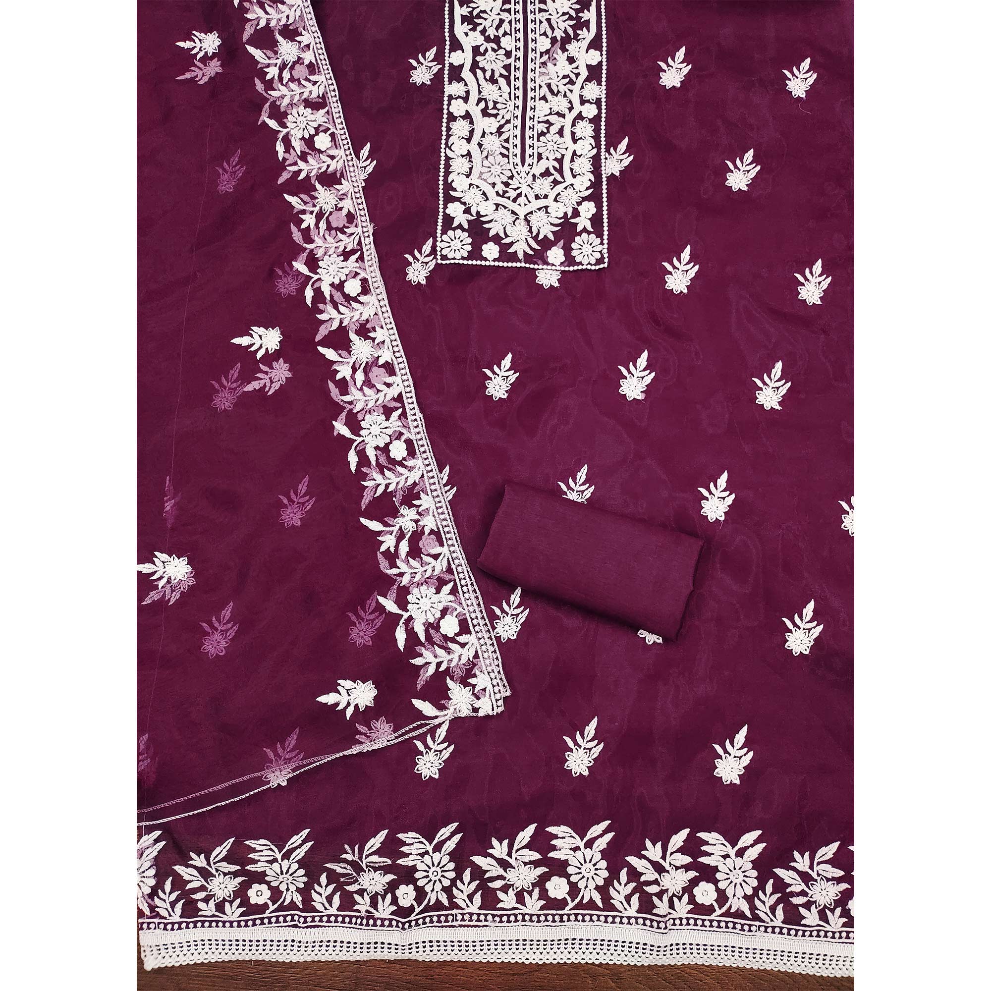 Purple Floral Embroidered Organza Dress Material