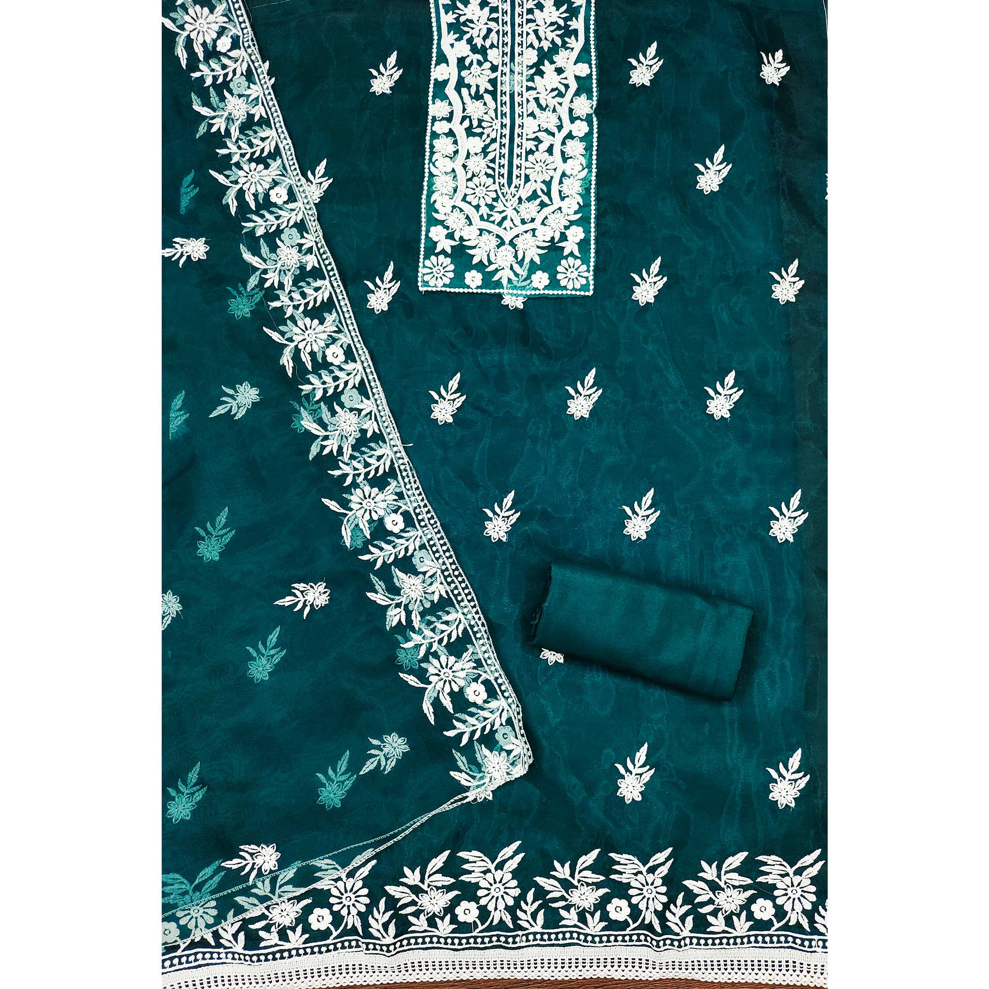 Teal Floral Embroidered Organza Dress Material