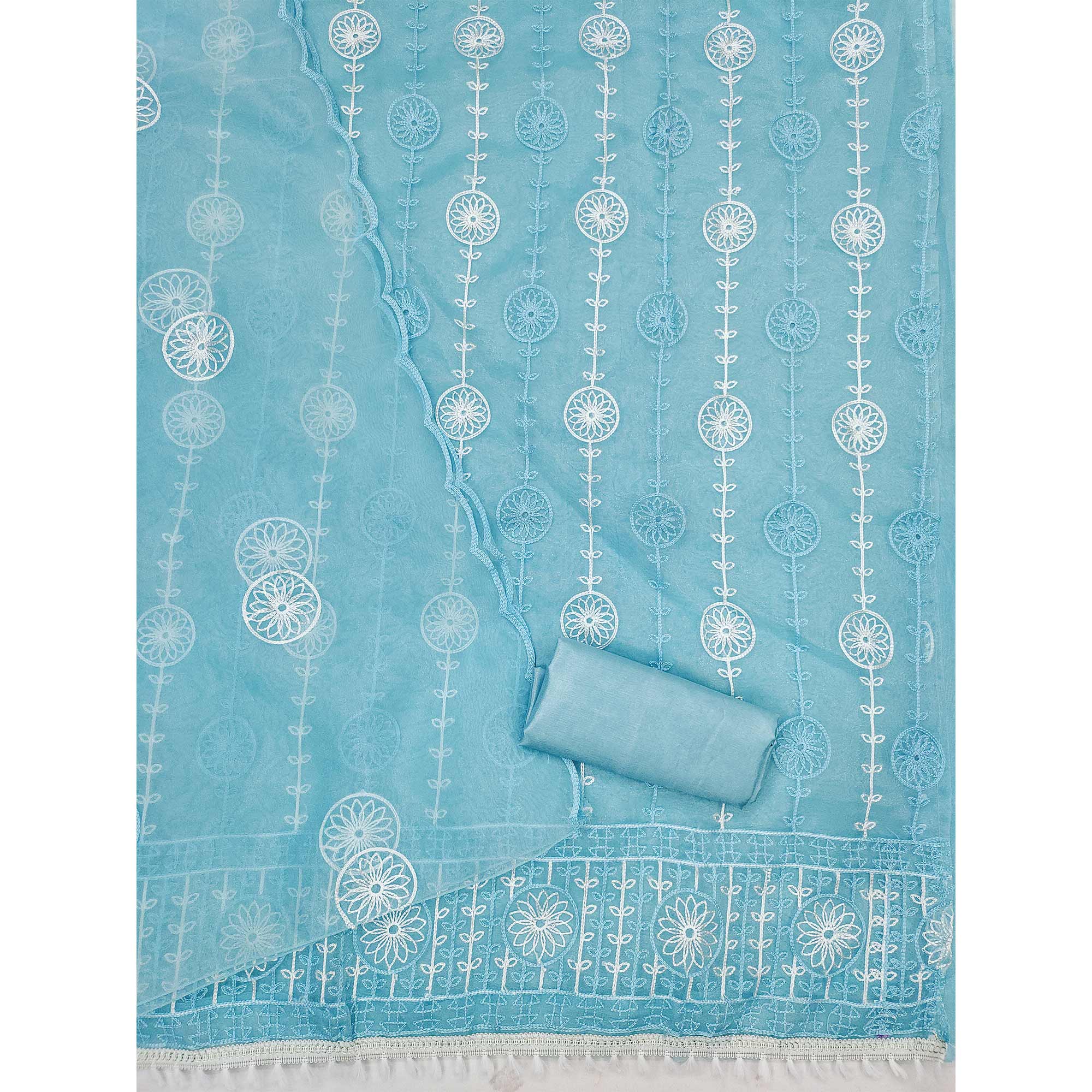 Blue Floral Embroidered Organza Dress Material