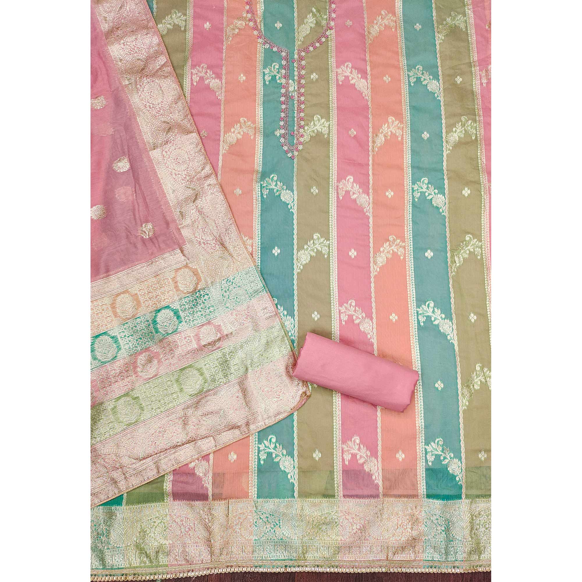 Pink Floral Woven With Hand Embroidered Jacquard Dress Material