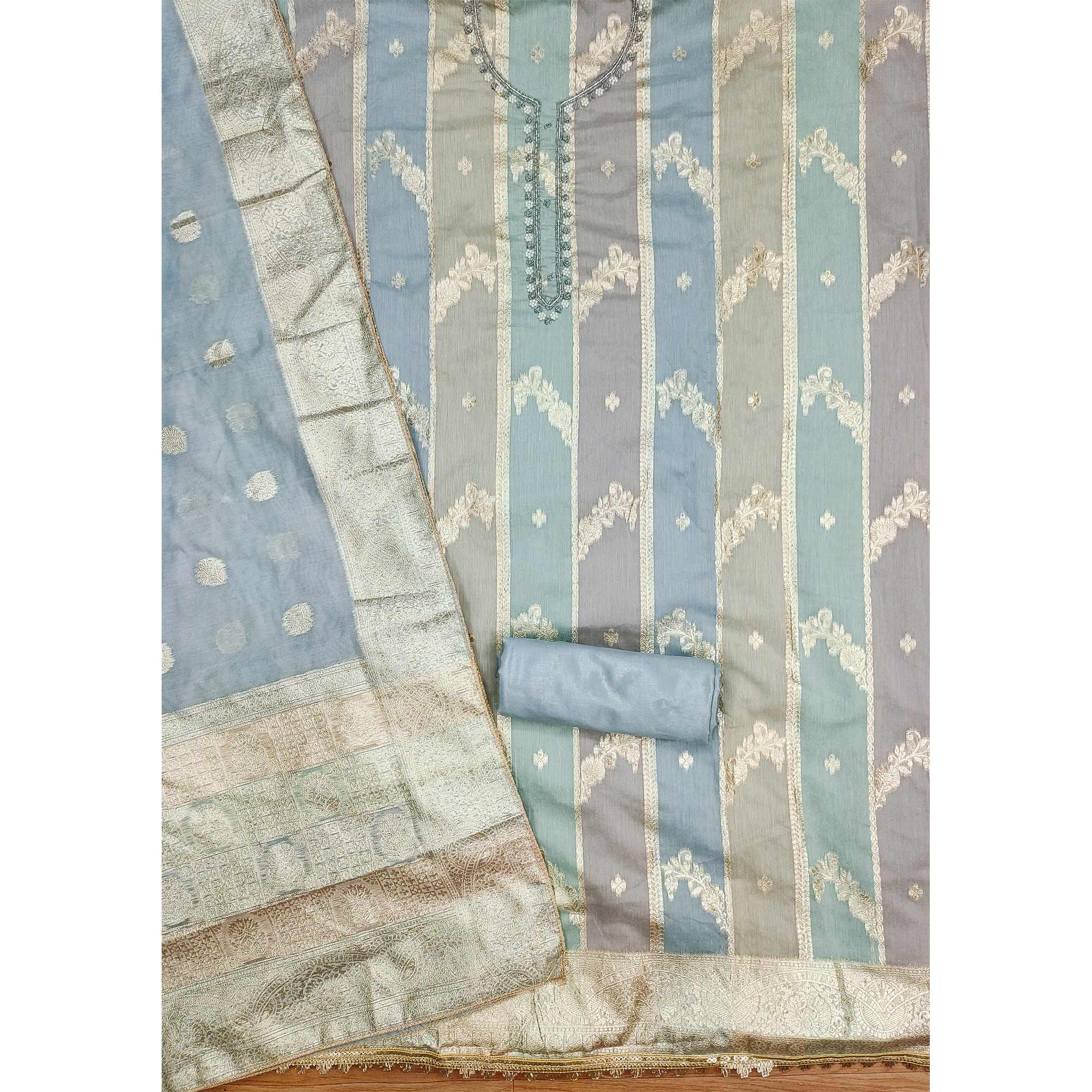 Grey Floral Woven With Hand Embroidered Jacquard Dress Material