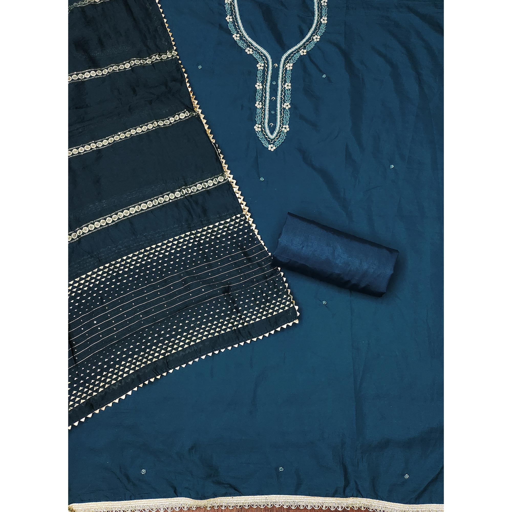 Blue Hand Embroidered Cotton Blend Dress Material