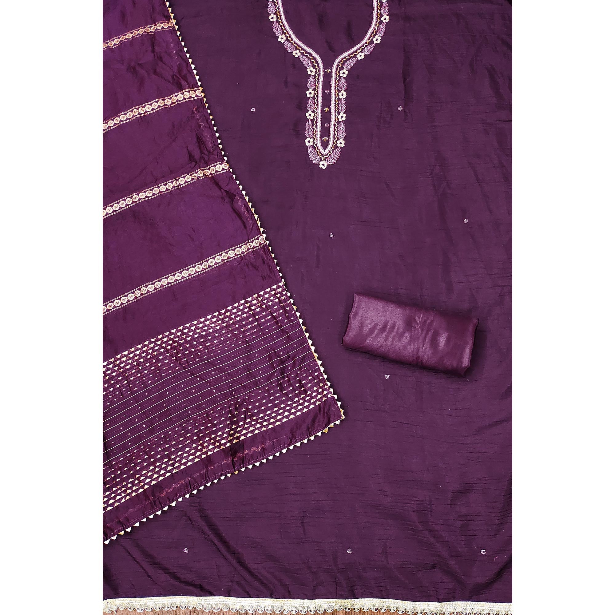 Wine Hand Embroidered Cotton Blend Dress Material