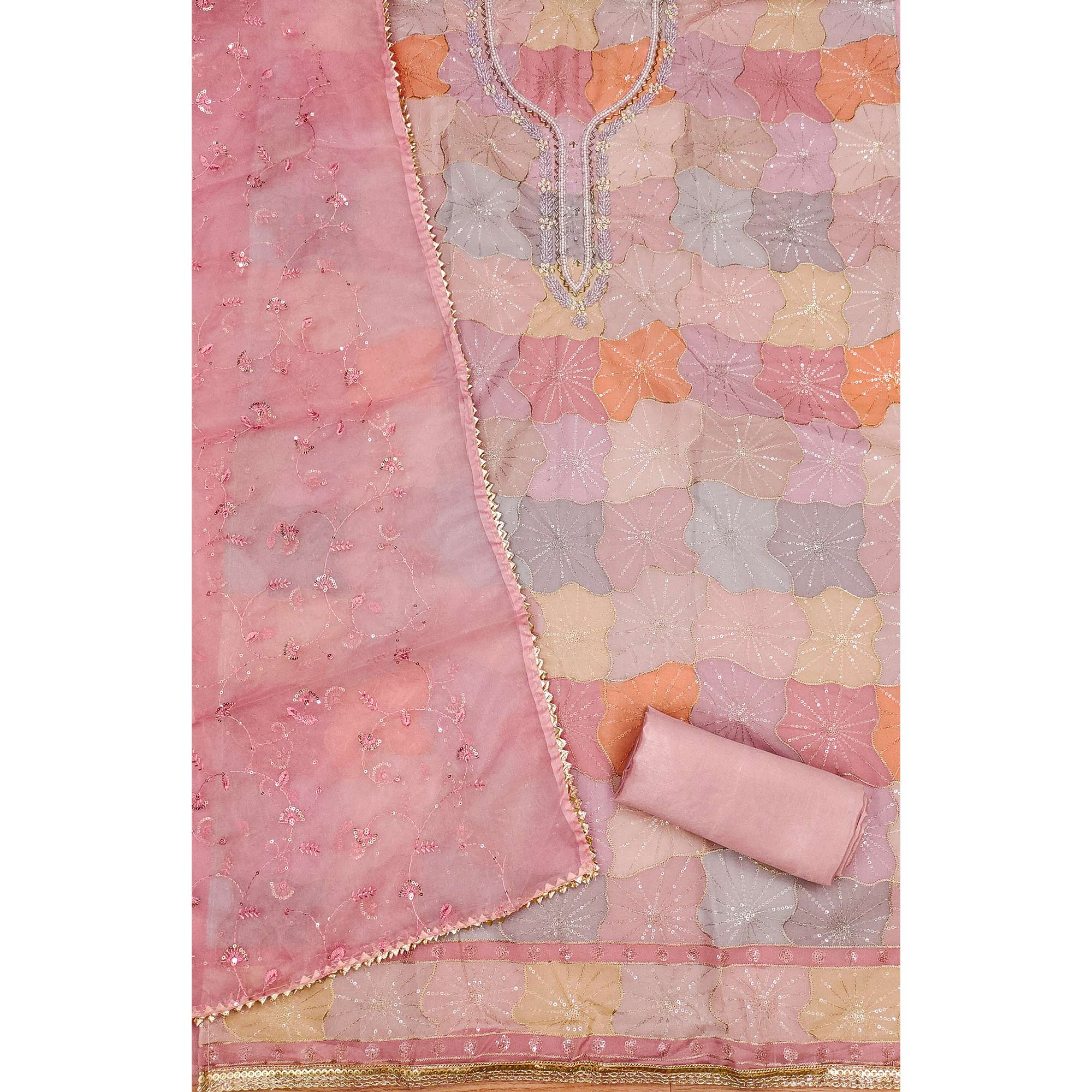 Pink Sequin Embroidery With Handwork Organza Dress Material