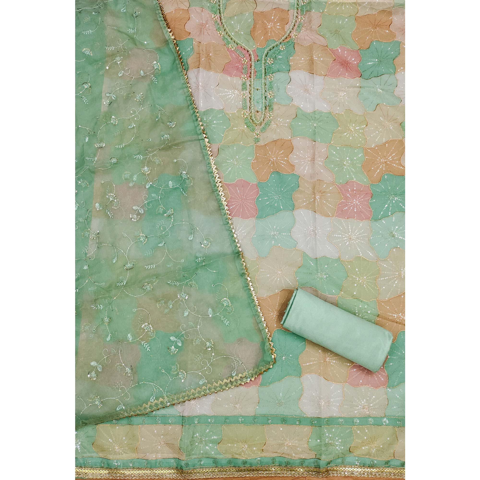 Sea Green Sequins Embroidery With Handwork Organza Dress Material