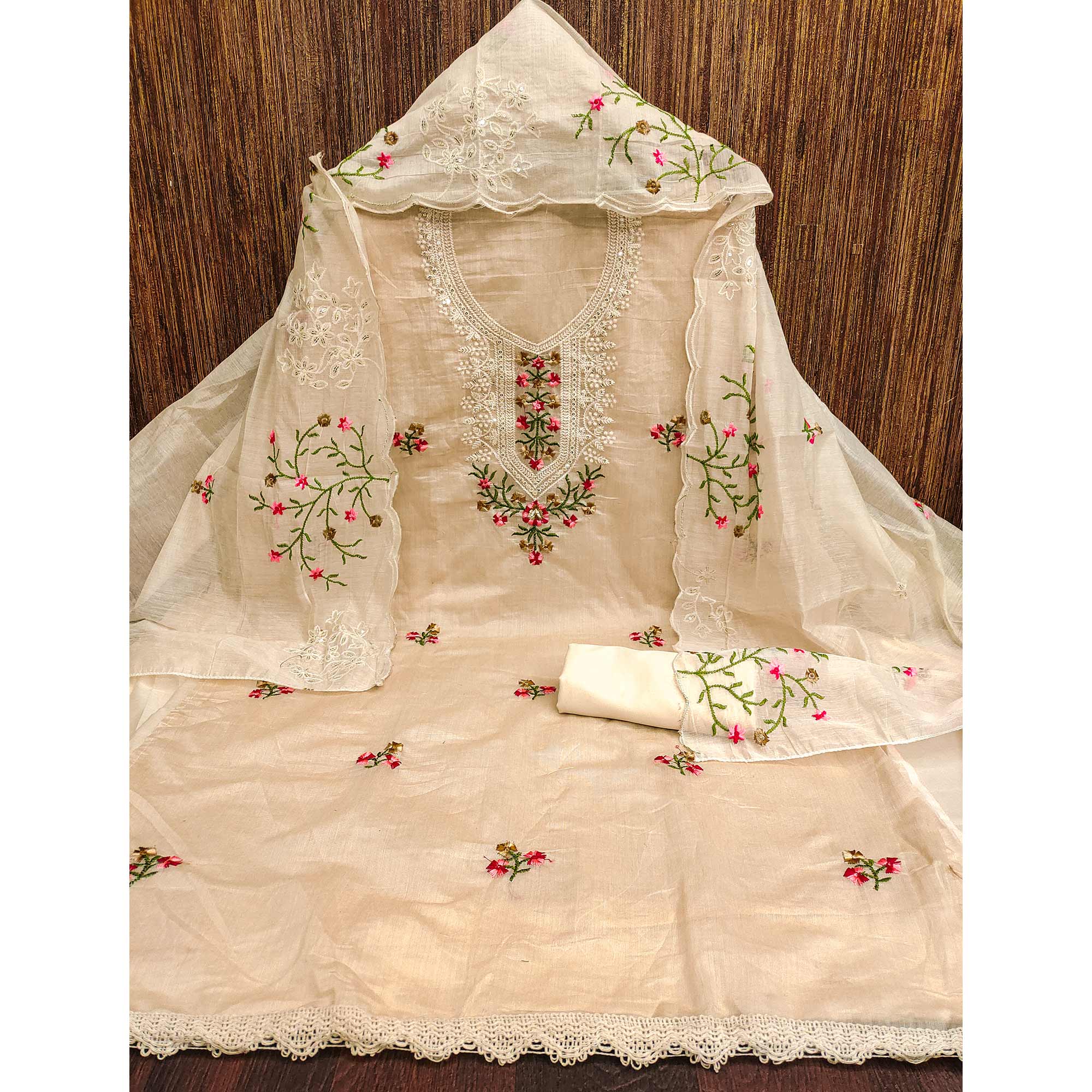Beige Chanderi Cotton Dress Material With Elegant Floral Sequin Embroidery