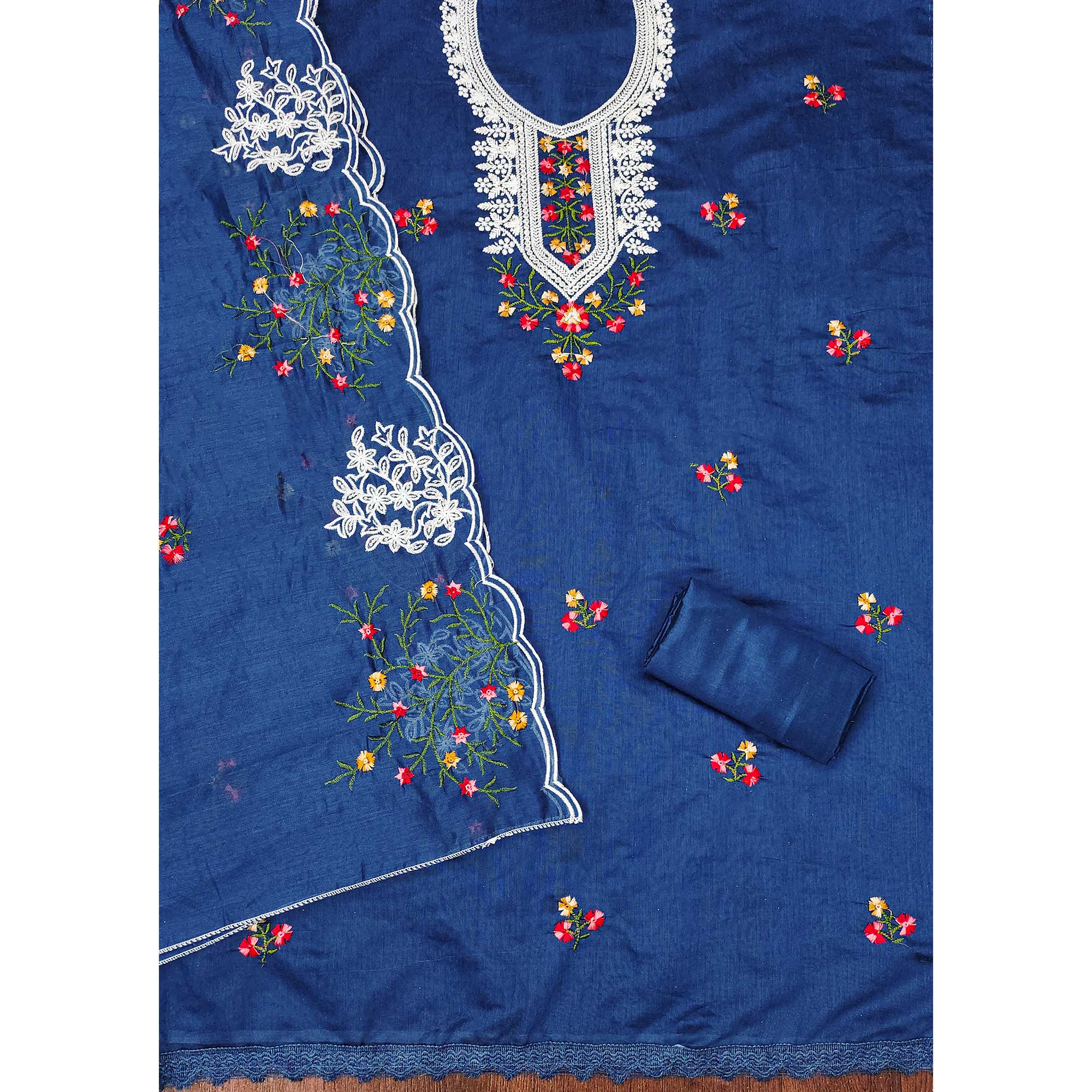 Blue Floral Sequins Embroidered Chanderi Cotton Dress Material