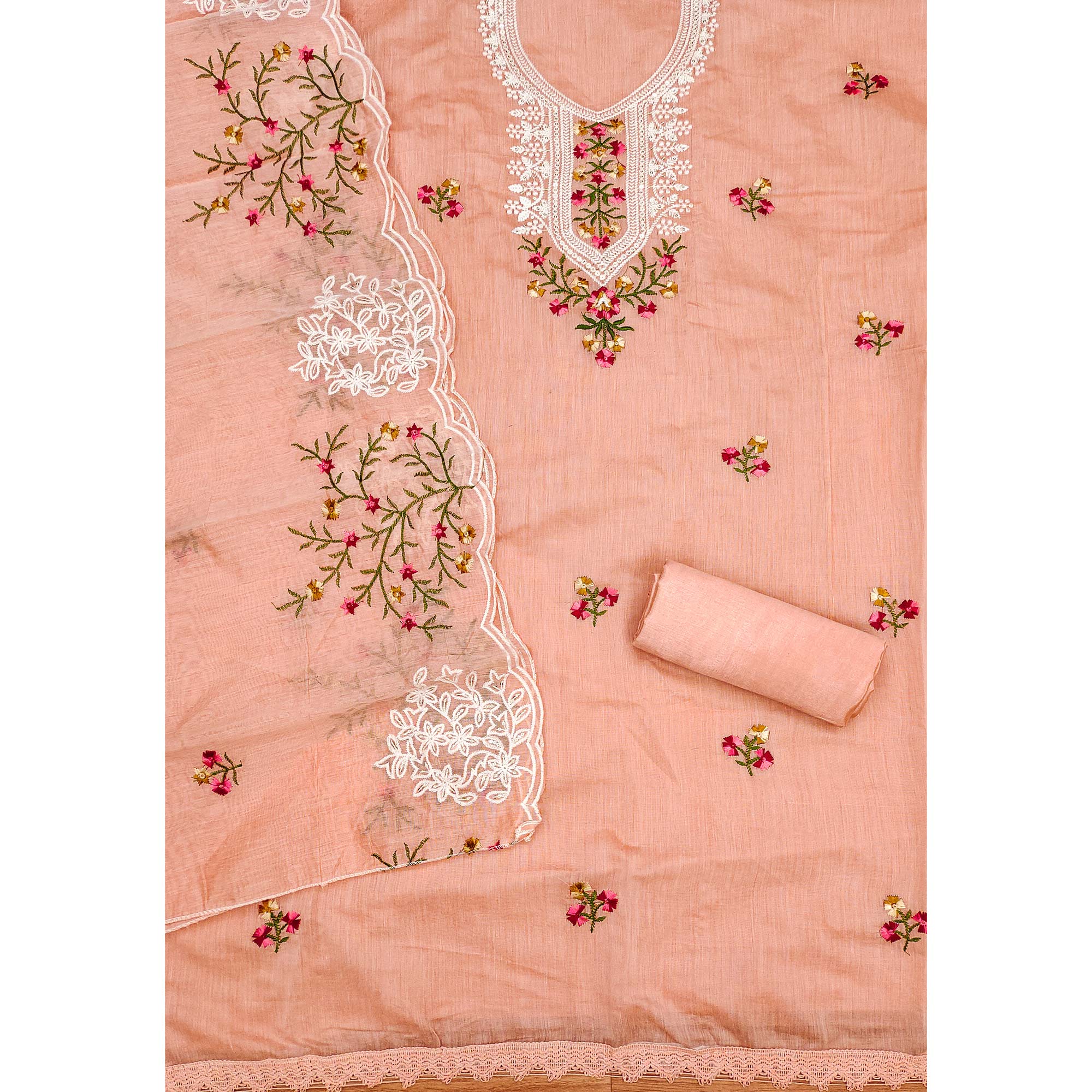 Peach Chanderi Cotton Dress Material With Elegant Floral Sequin Embroidery