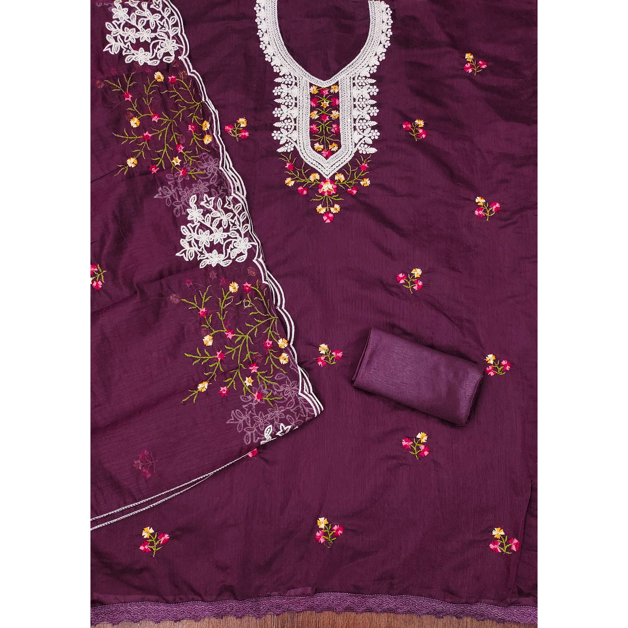 Purple Floral Sequins Embroidered Chanderi Cotton Dress Material