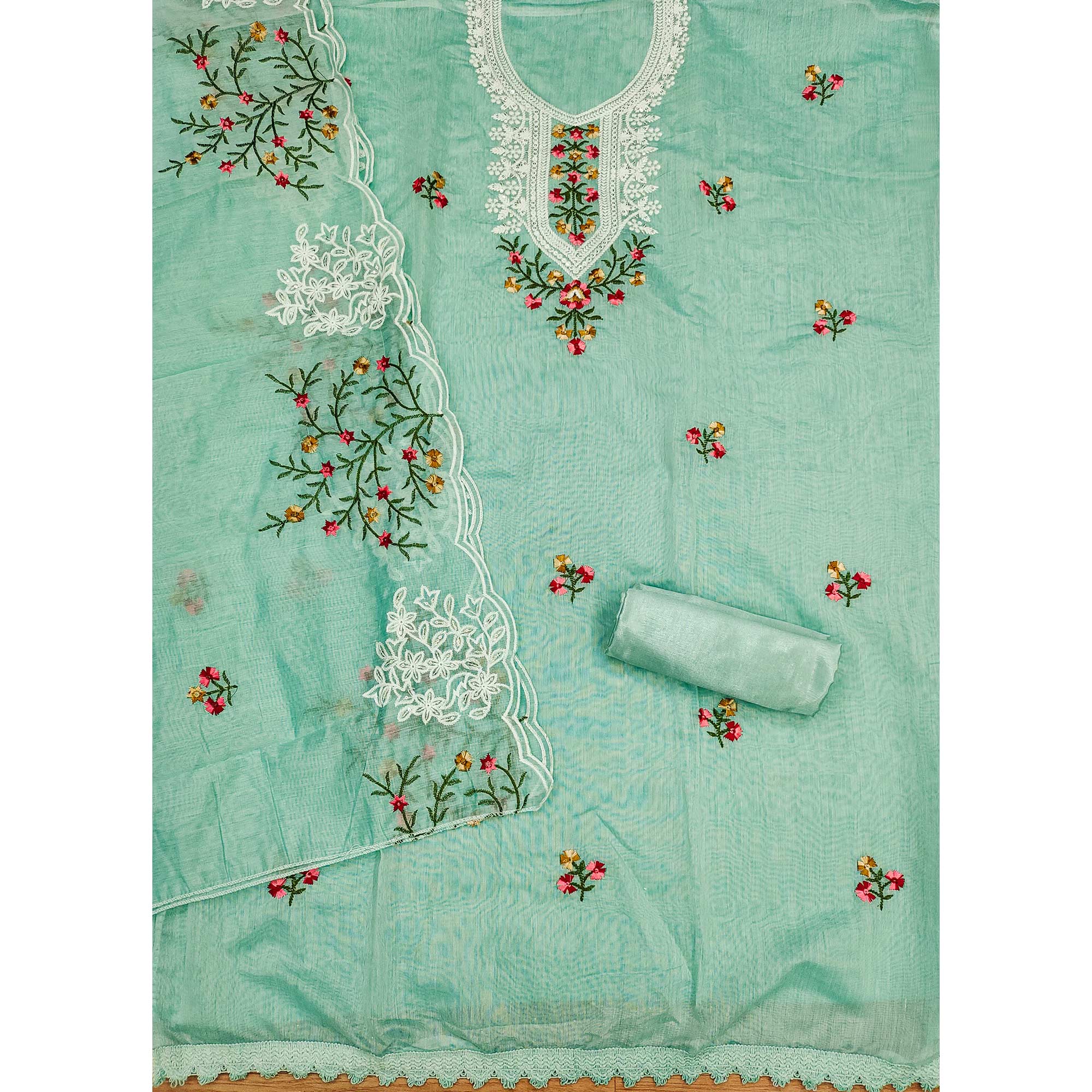 Turquoise Chanderi Cotton Dress Material With Elegant Floral Sequin Embroidery