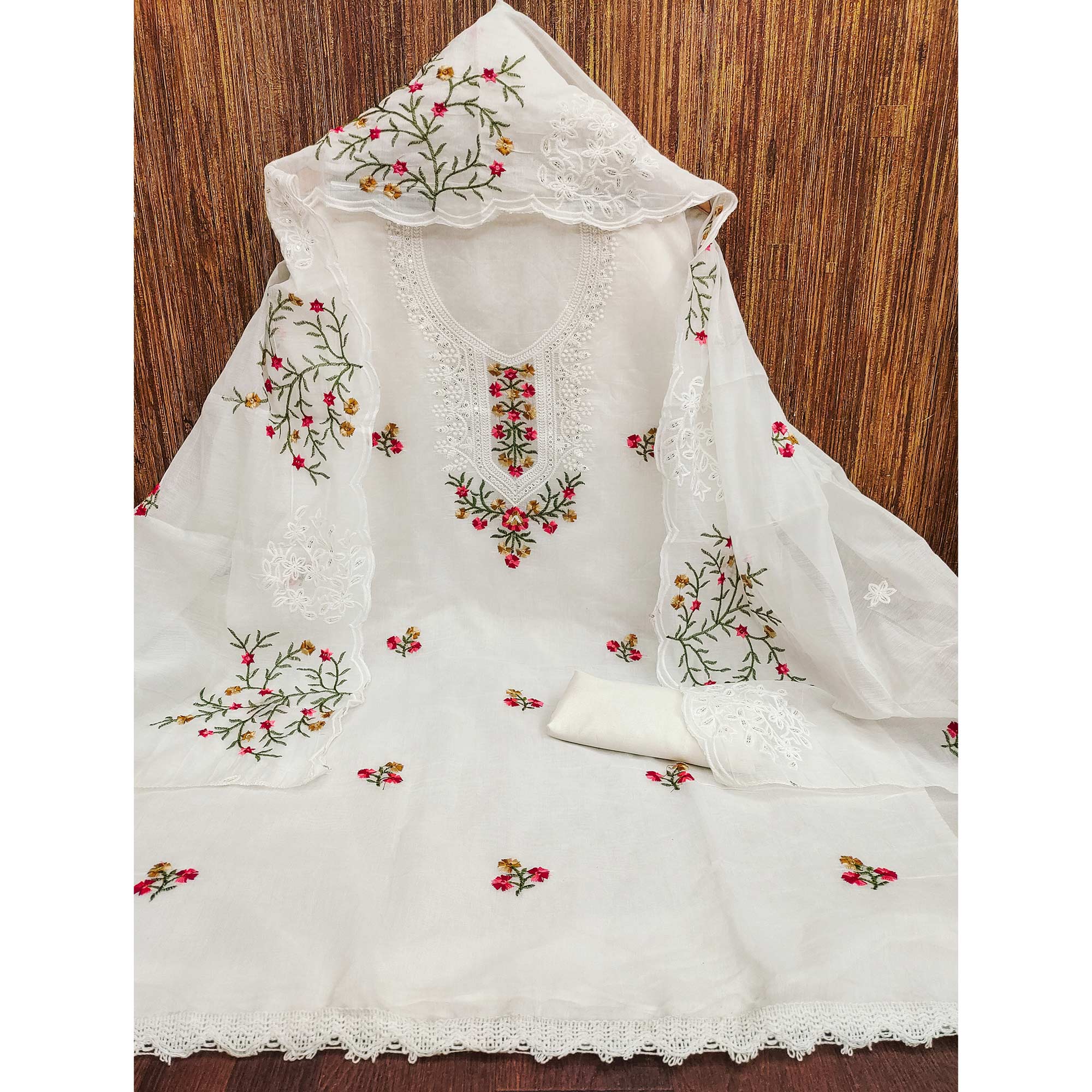 White Chanderi Cotton Dress Material With Elegant Floral Sequin Embroidery