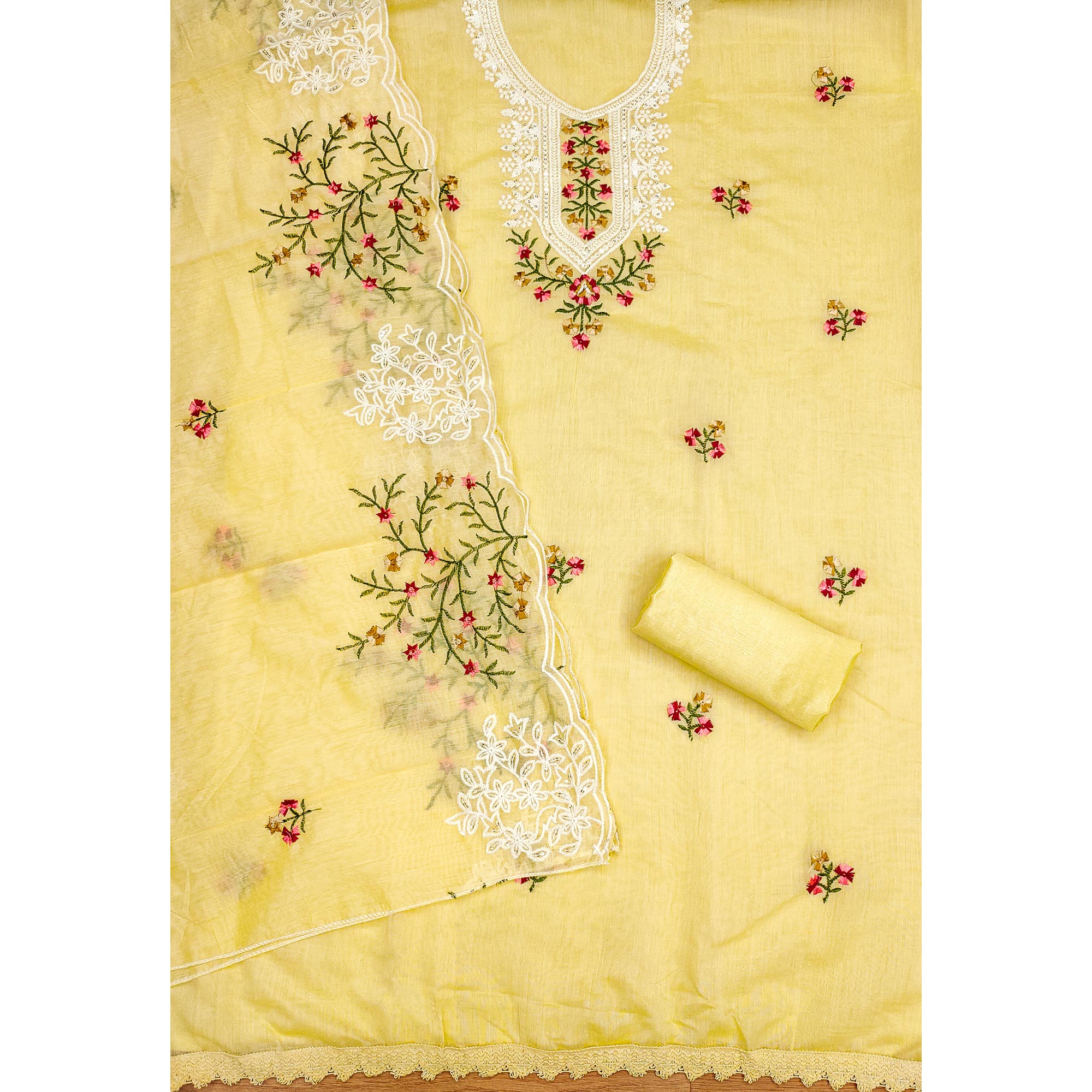 Yellow Chanderi Cotton Dress Material With Elegant Floral Sequin Embroidery