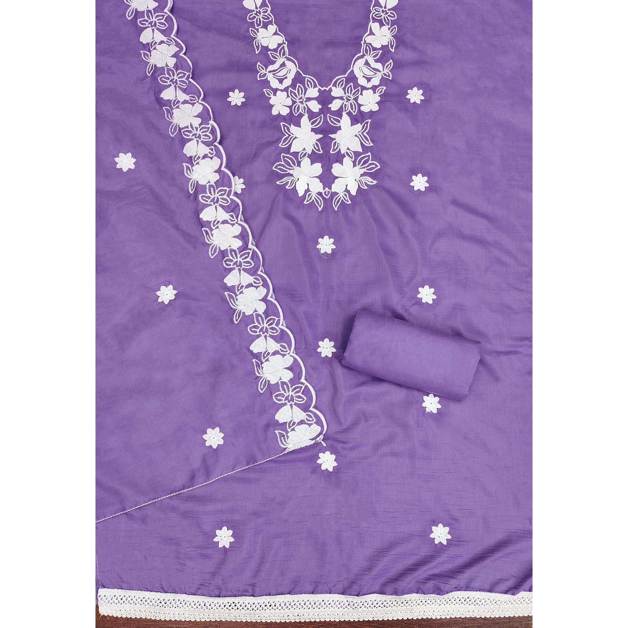 Lavender Floral Embroidered Cotton Blend Dress Material