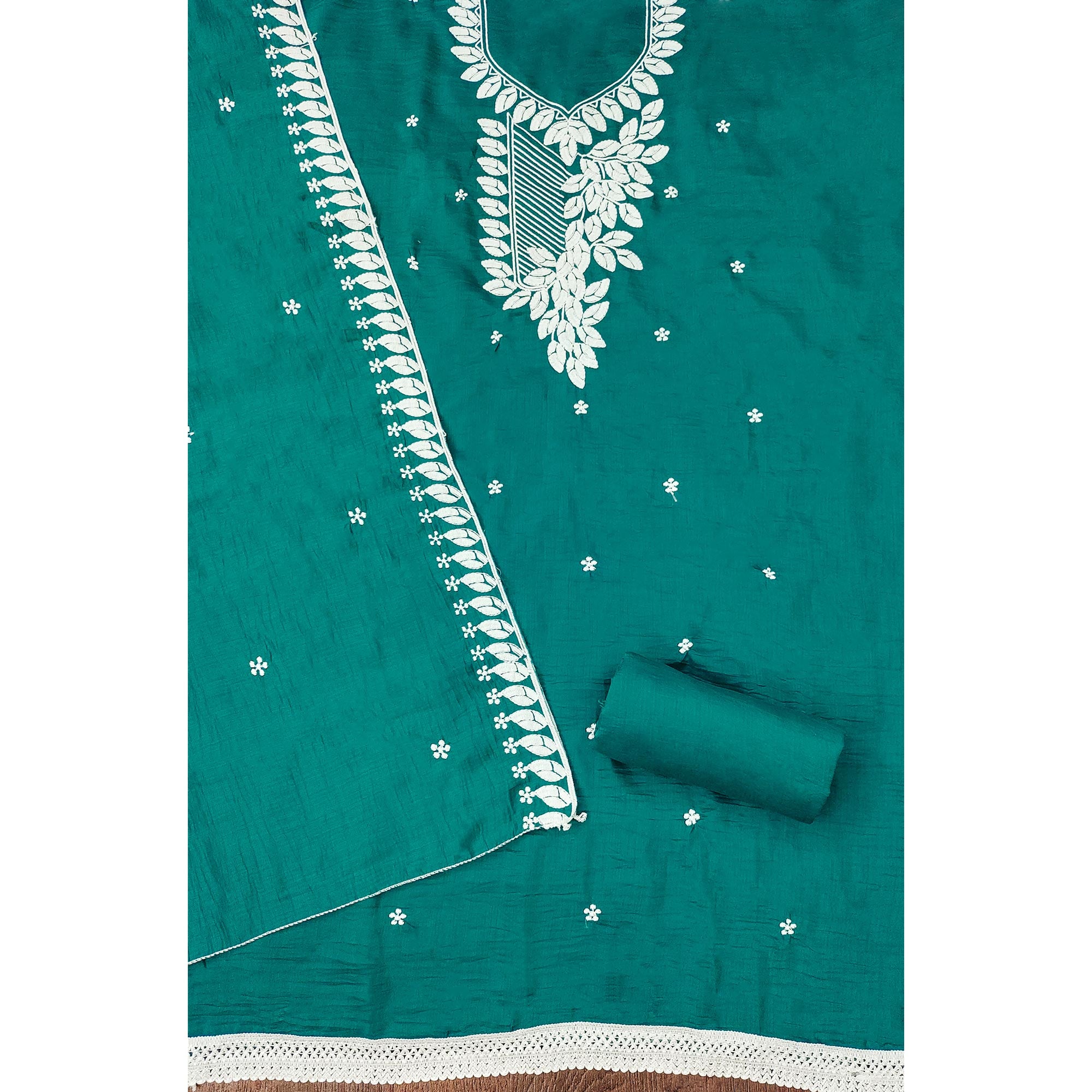 Teal Floral Embroidered Cotton Blend Dress Material