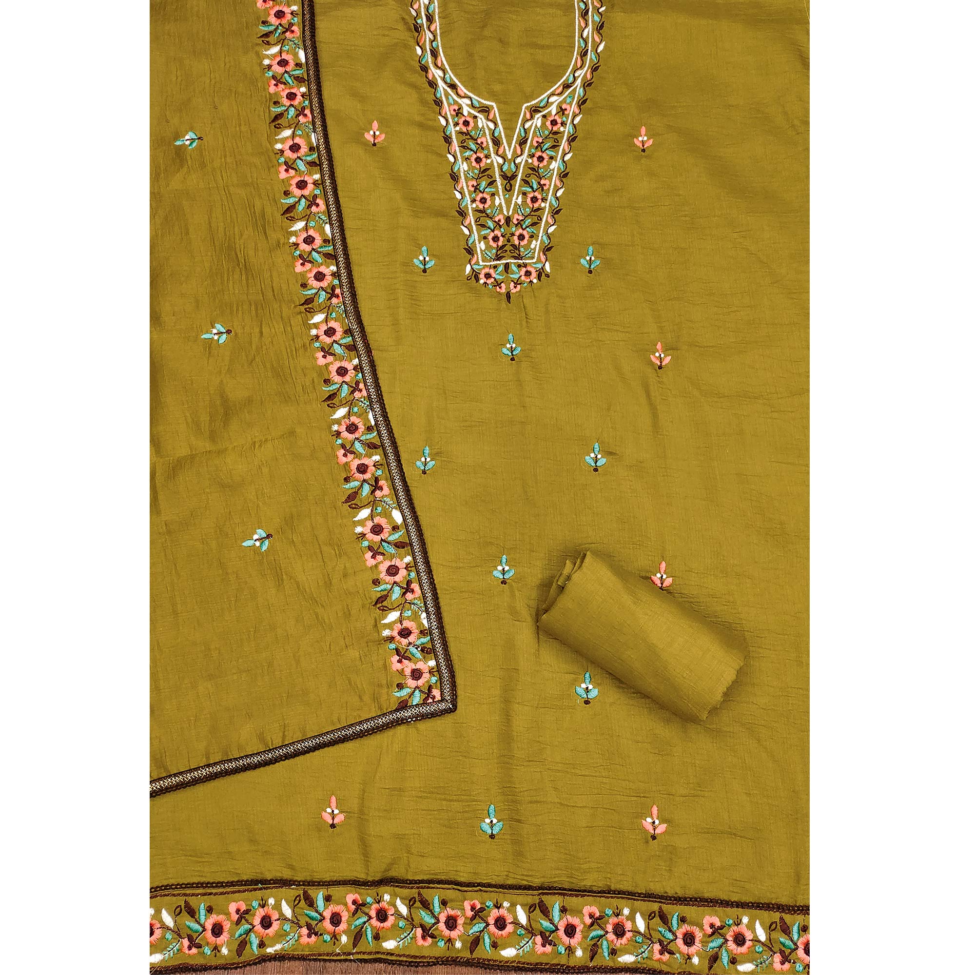 Mehendi Green Floral Embroidered Cotton Blend Dress Material