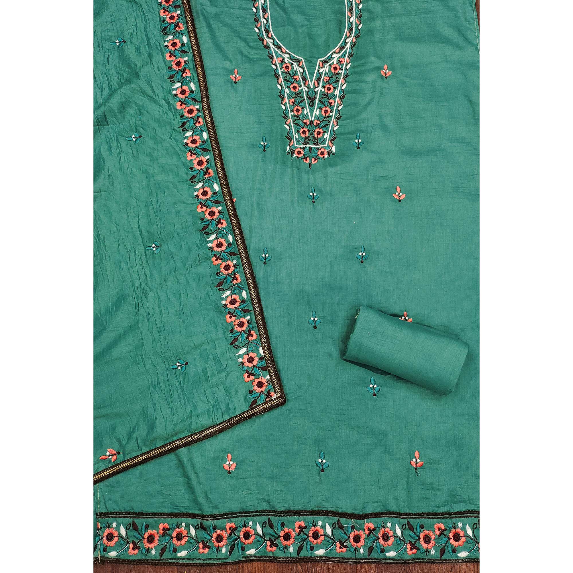Rama Green Floral Embroidered Cotton Blend Dress Material