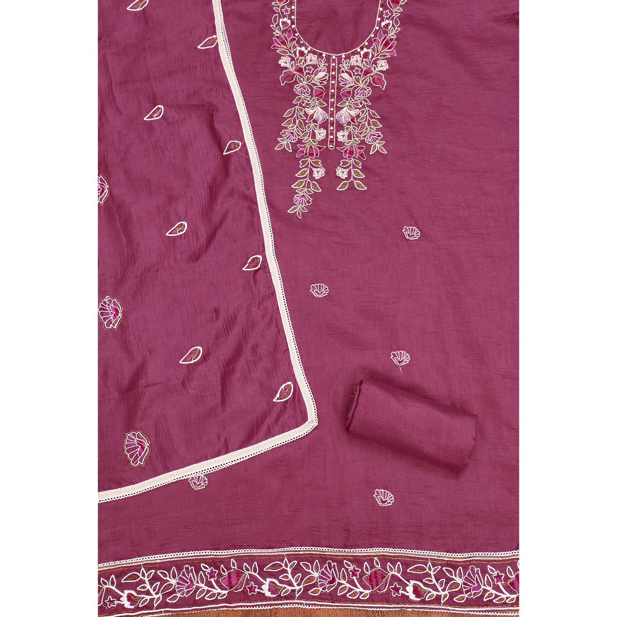 Pink Floral Embroidered Cotton Blend Dress Material