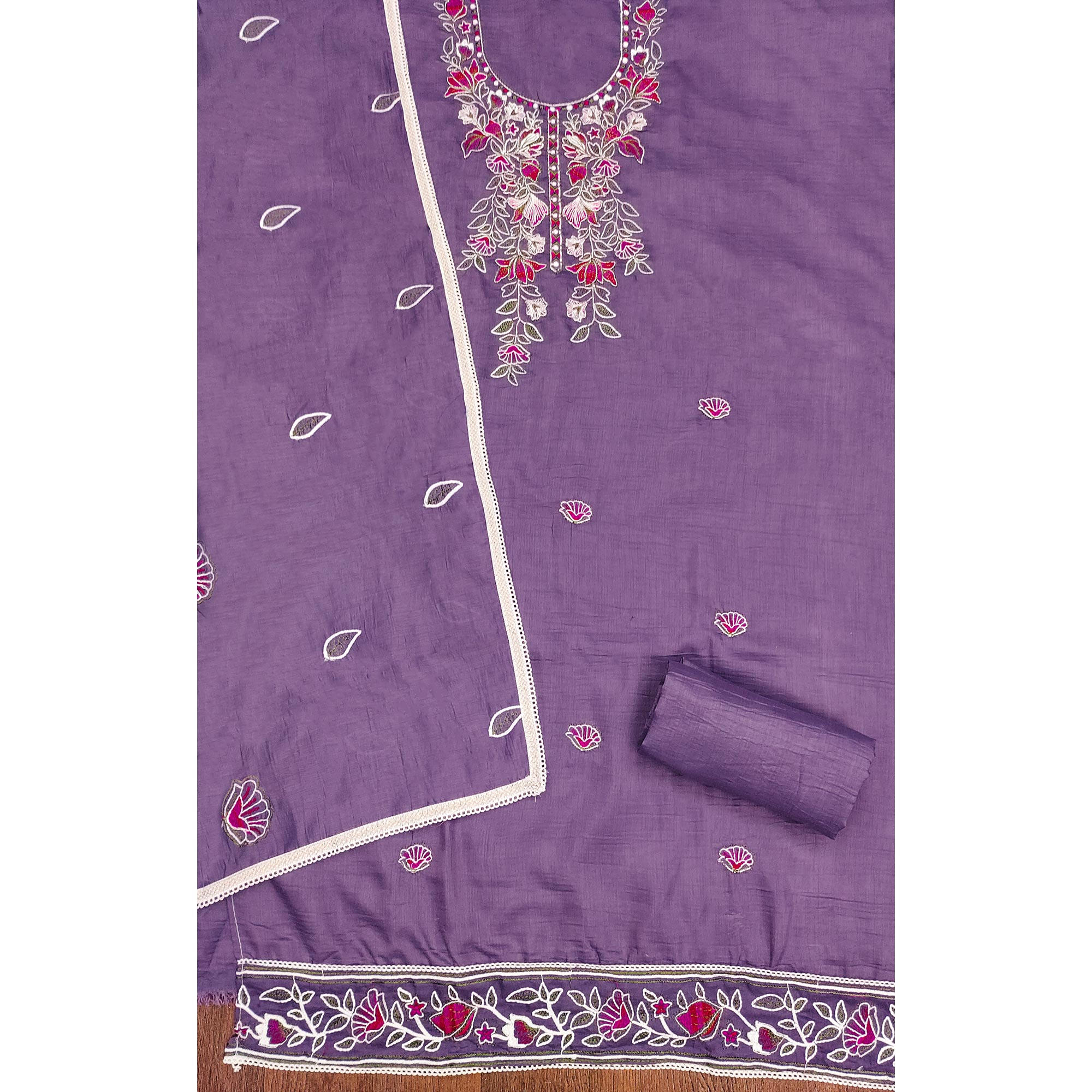 Purple Floral Embroidered Cotton Blend Dress Material