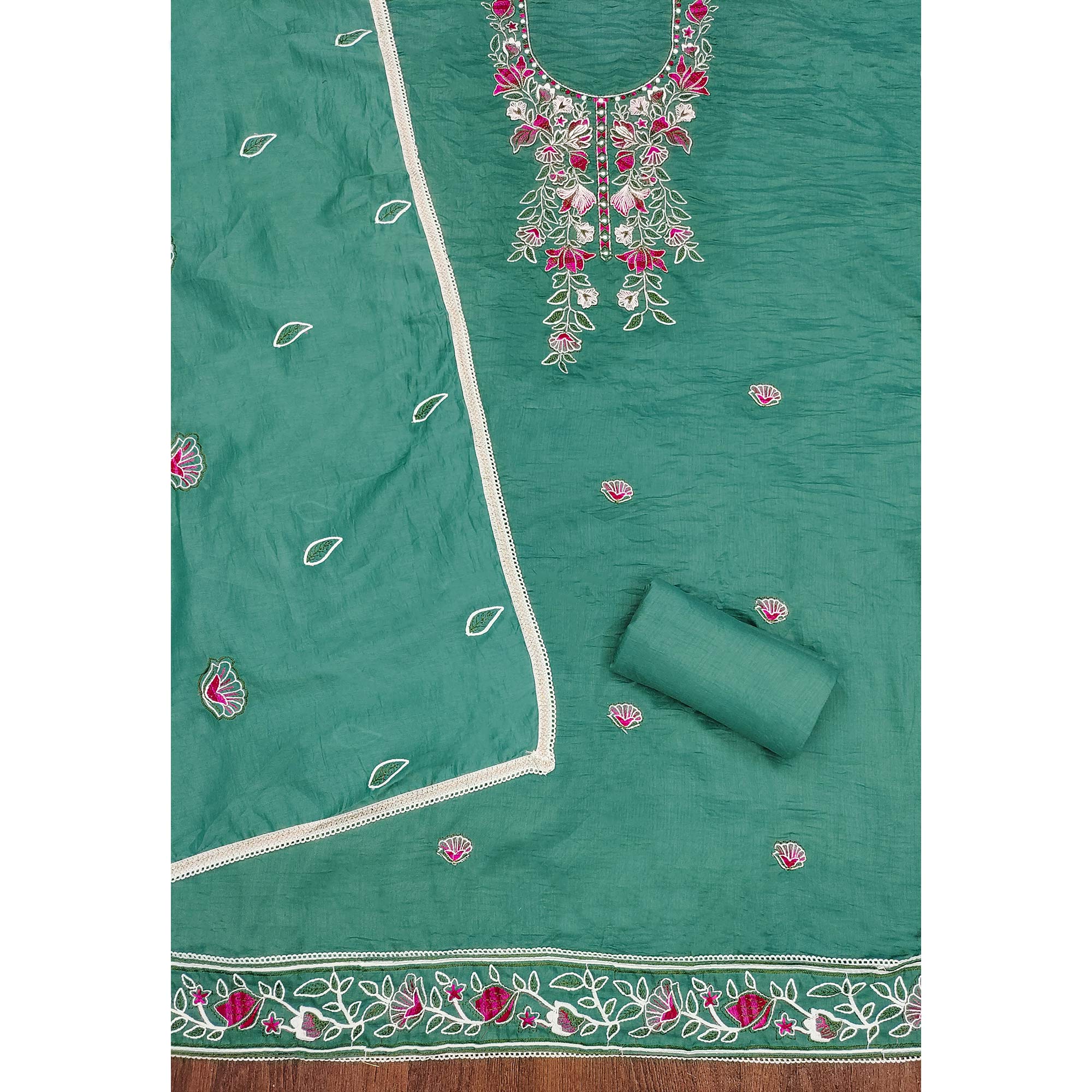 Rama Green Floral Embroidered Cotton Blend Dress Material