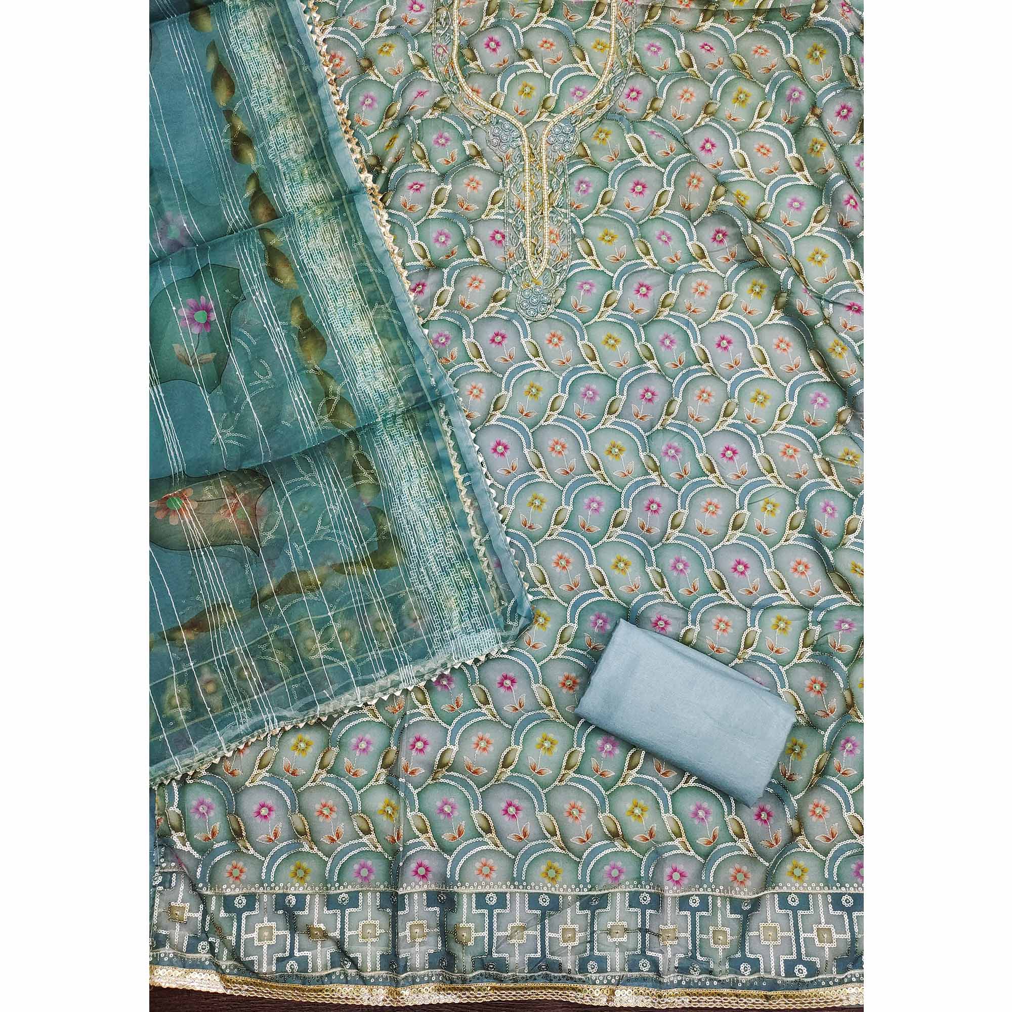 Blue Floral Printed Organza Dress Material With Sequins Embroidery & Handwork