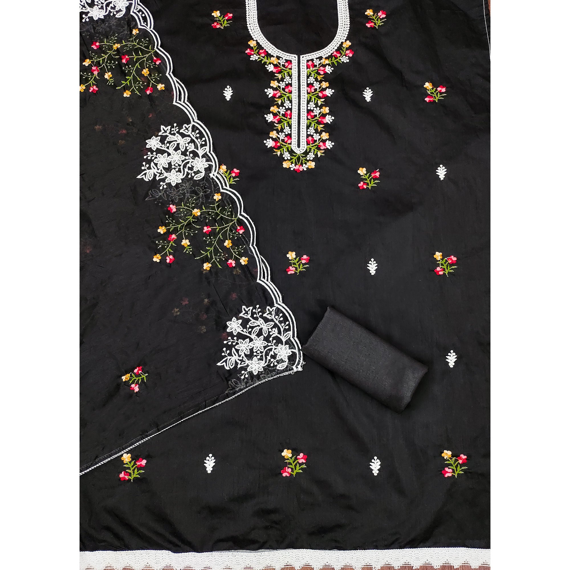 Black Floral Embroidered Chanderi Cotton Dress Material