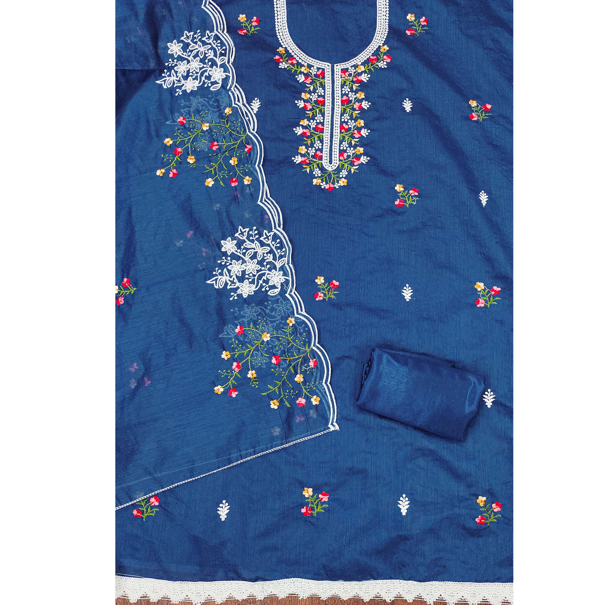 Blue Floral Embroidered Chanderi Cotton Dress Material