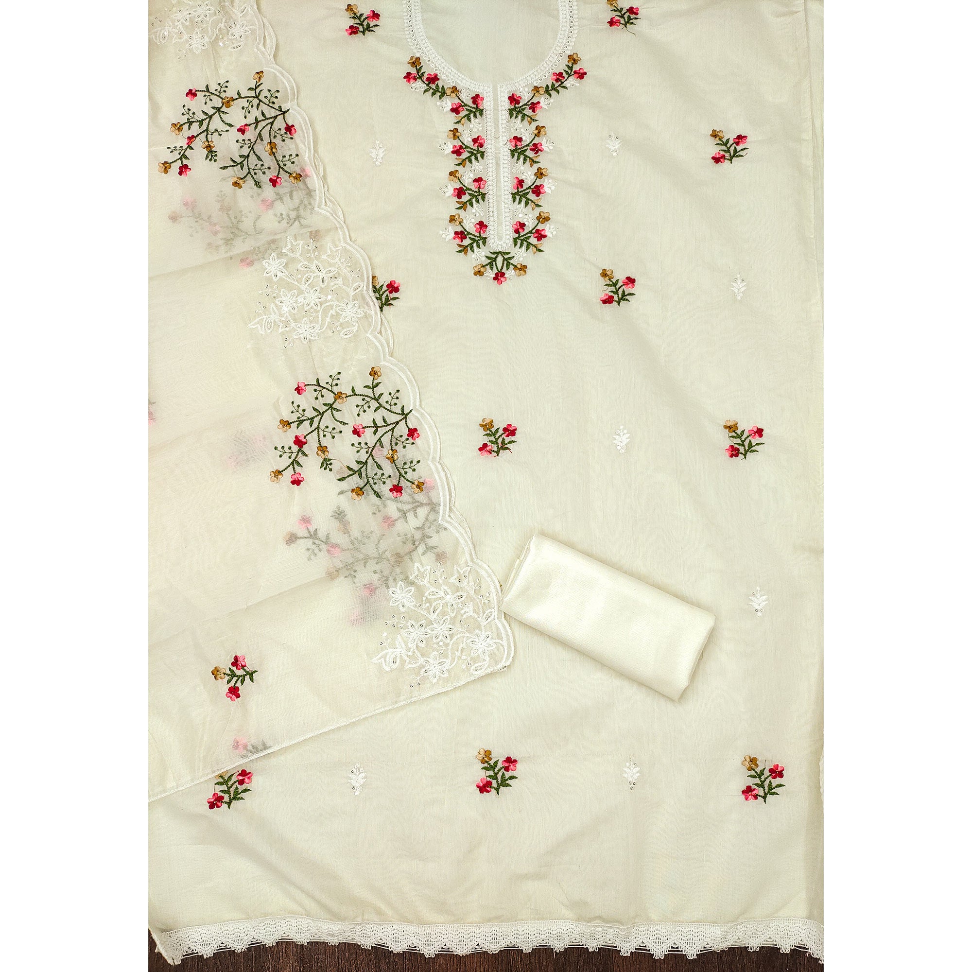 Cream Floral Embroidered Chanderi Cotton Dress Material