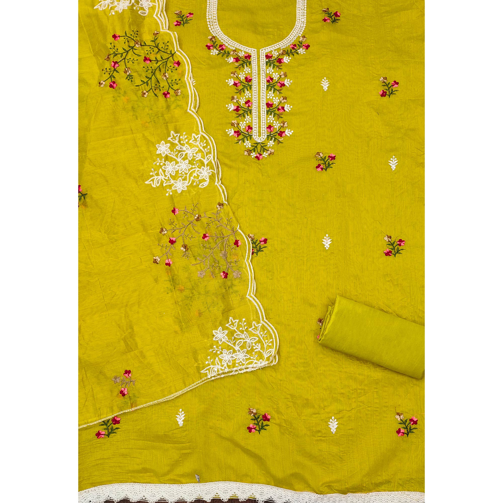 Lemon Green Floral Embroidered Chanderi Cotton Dress Material