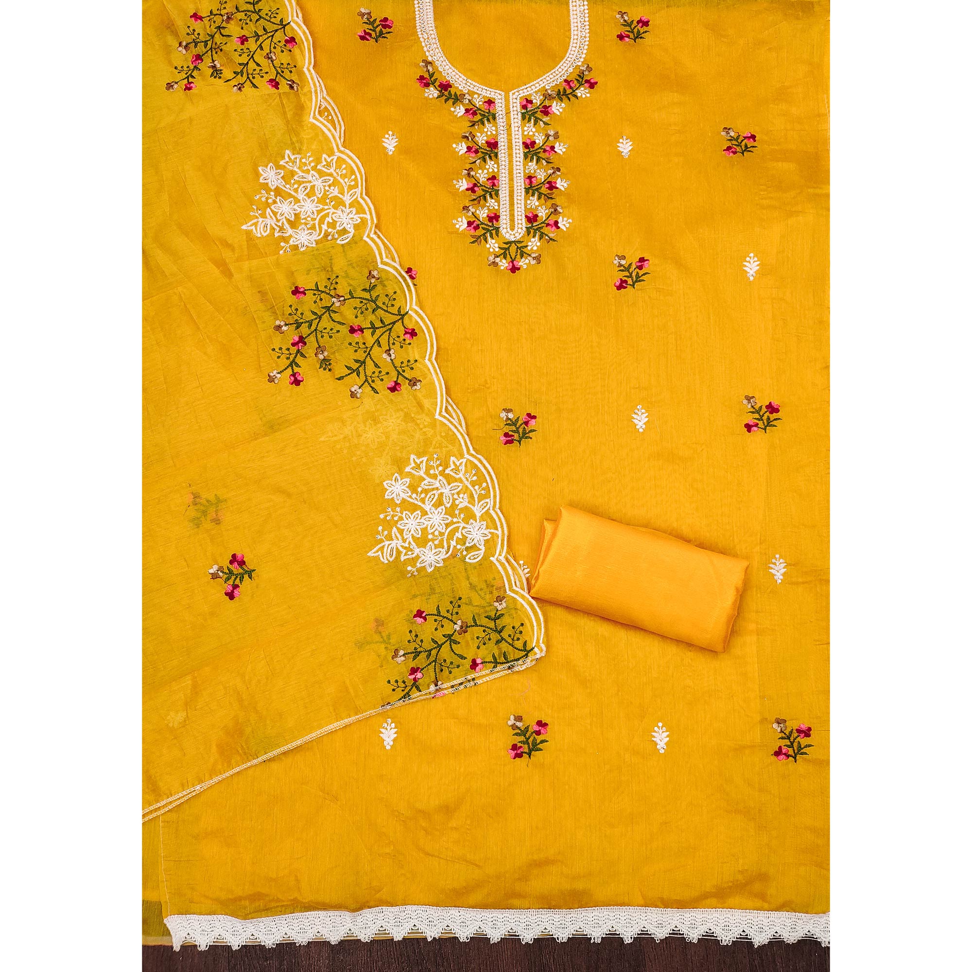 Mustard Floral Embroidered Chanderi Cotton Dress Material