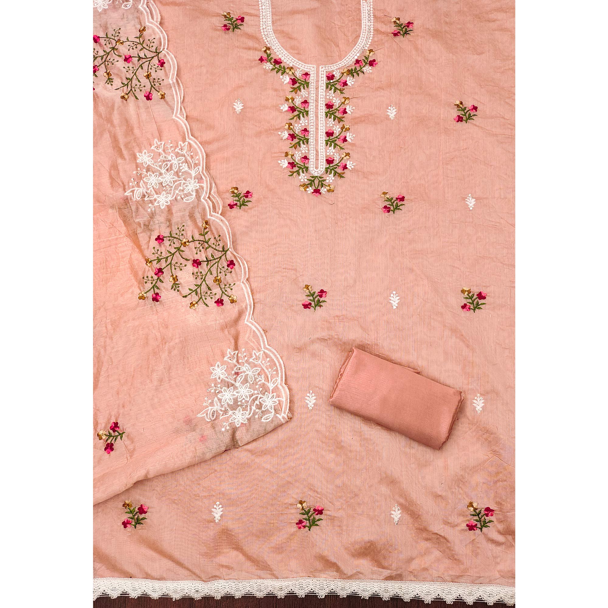 Peach Floral Embroidered Chanderi Cotton Dress Material