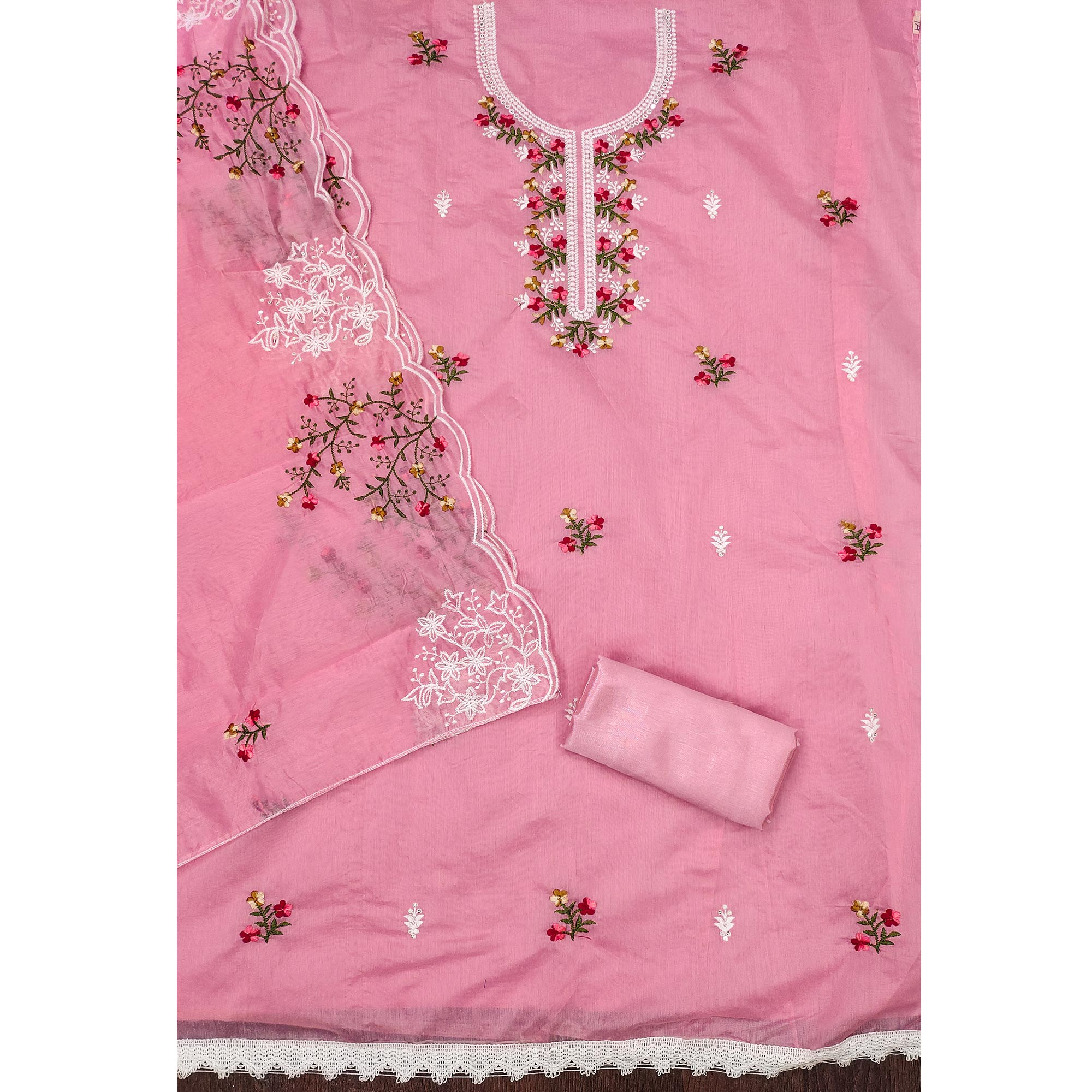 Pink Floral Embroidered Chanderi Cotton Dress Material