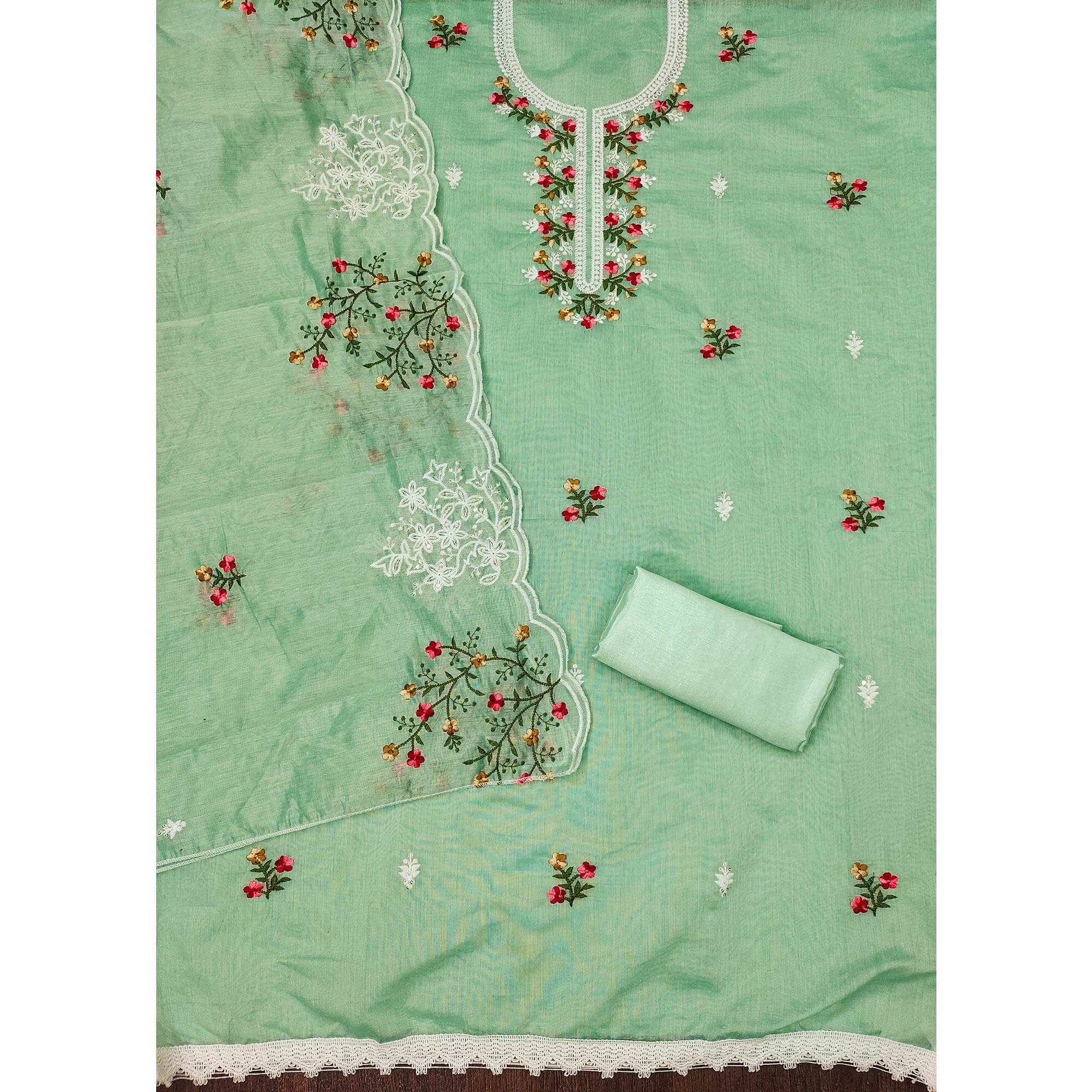 Sea Green Floral Embroidered Chanderi Cotton Dress Material