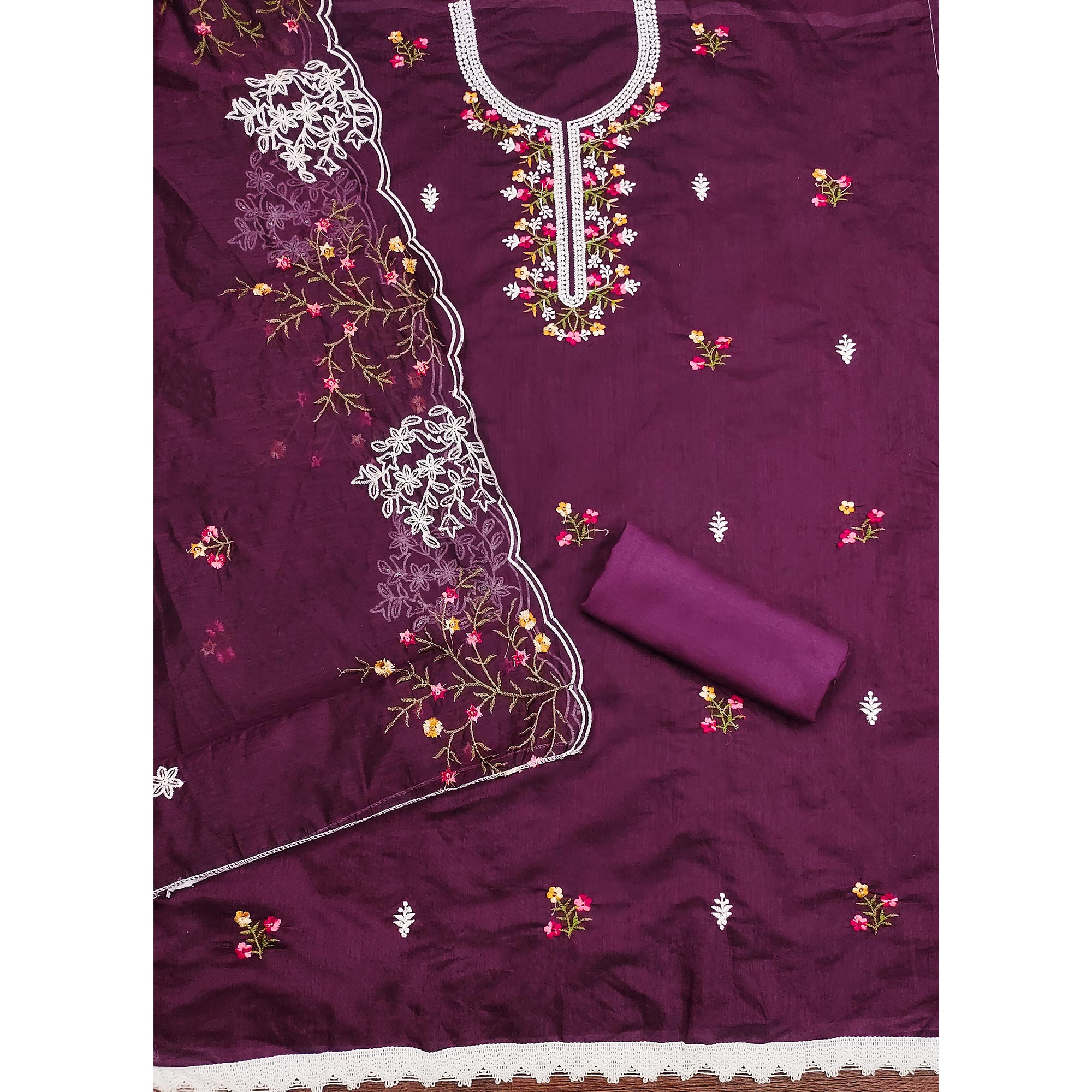 Wine Floral Embroidered Chanderi Cotton Dress Material