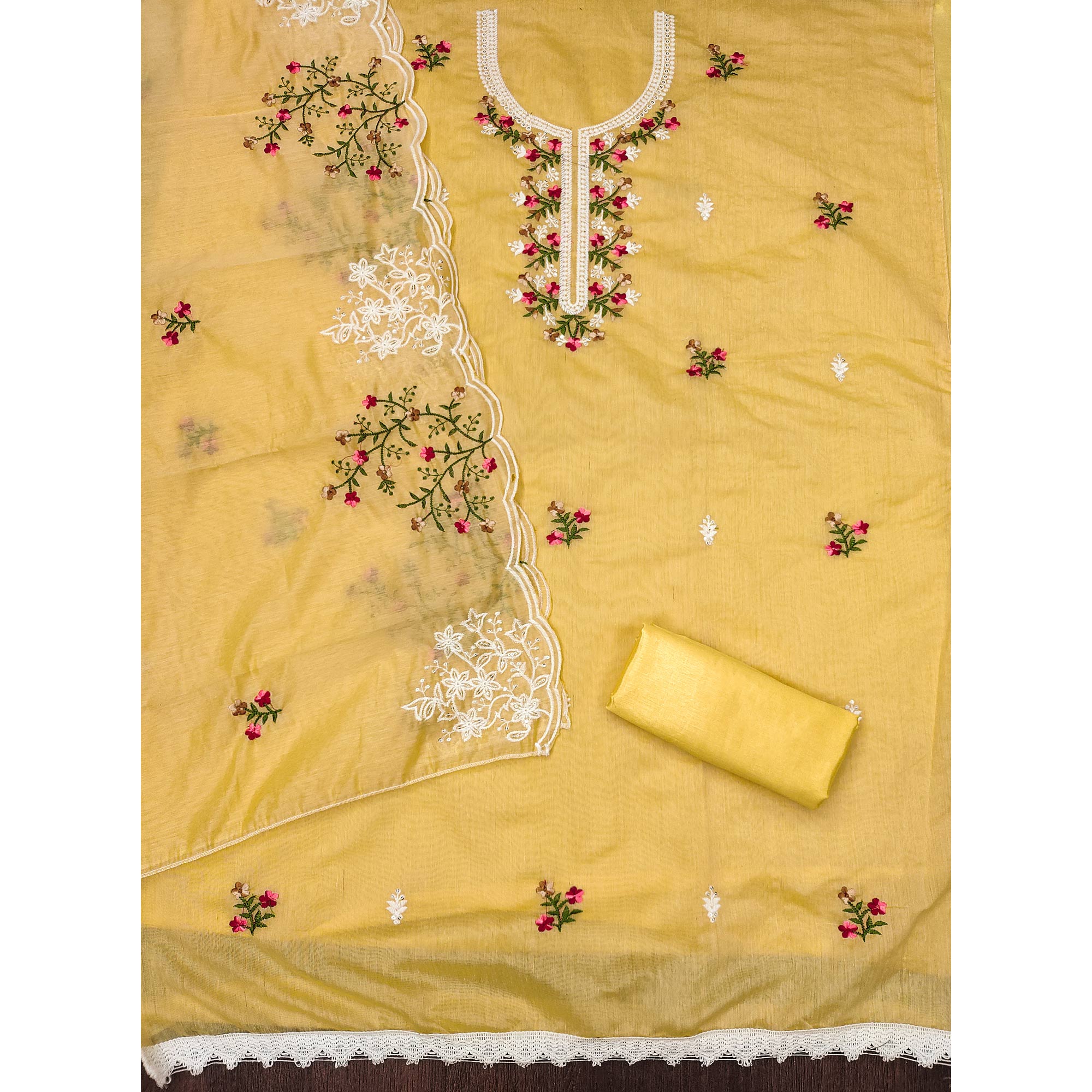 Yellow Floral Embroidered Chanderi Cotton Dress Material