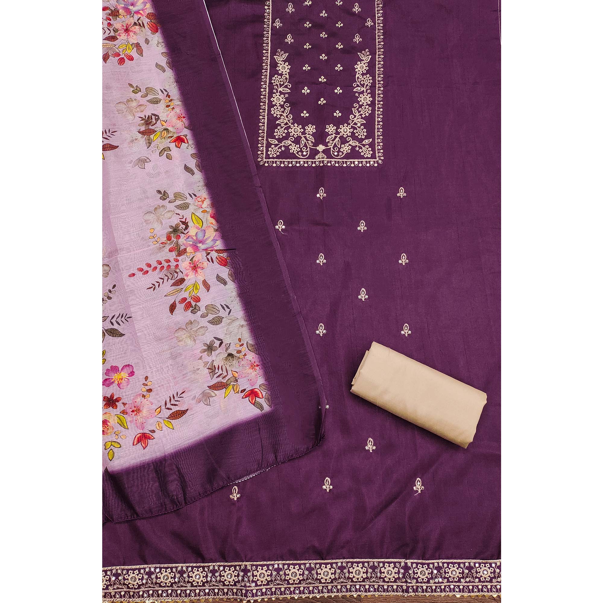 Wine Floral Sequins Embroidered Cotton Blend Dress Material