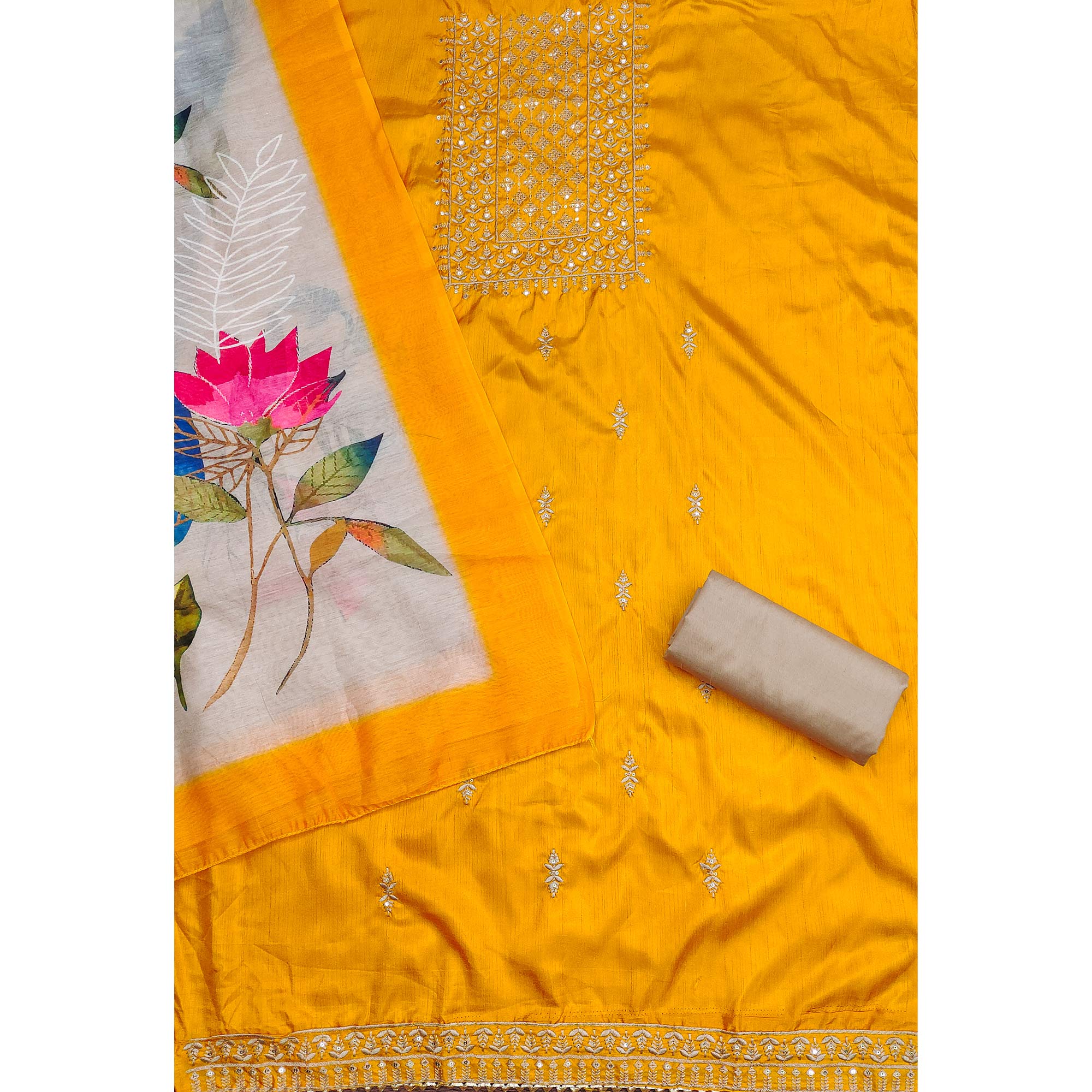 Yellow Floral Sequins Embroidered Cotton Blend Dress Material