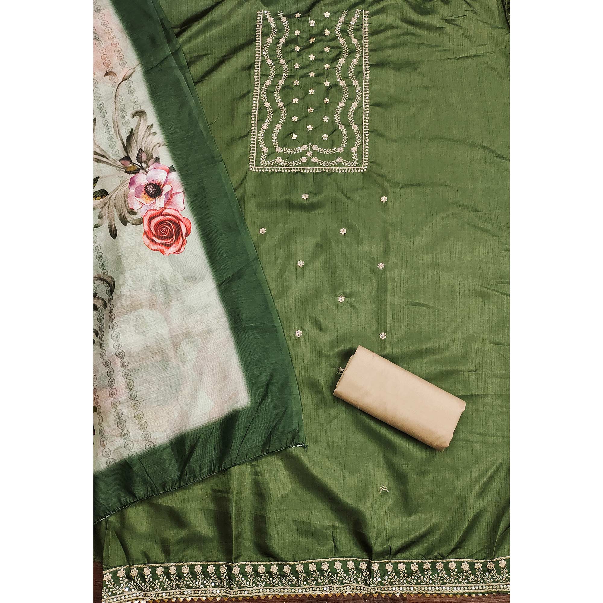 Green Floral Sequins Embroidered Cotton Blend Dress Material