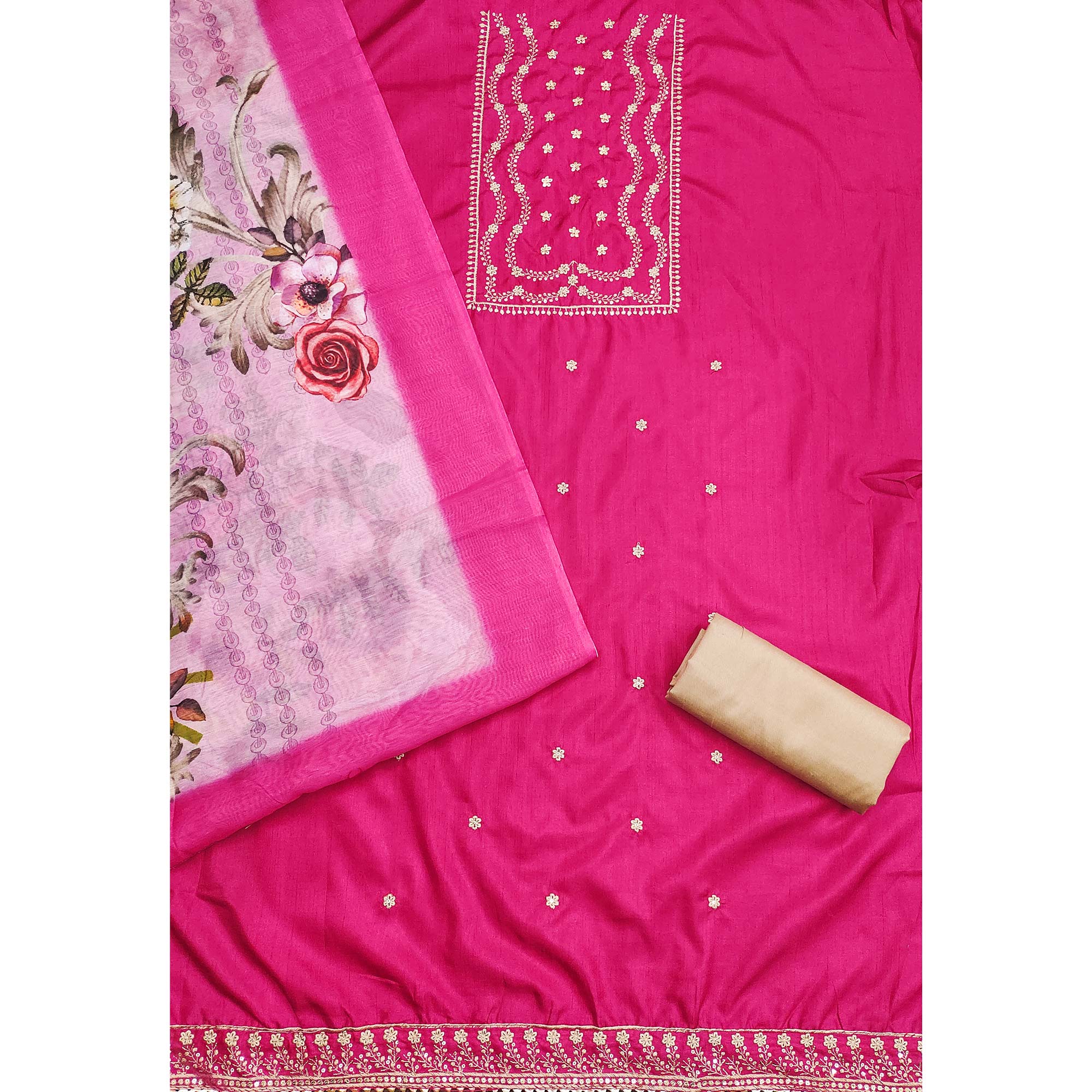 Pink Floral Sequins Embroidered Cotton Blend Dress Material