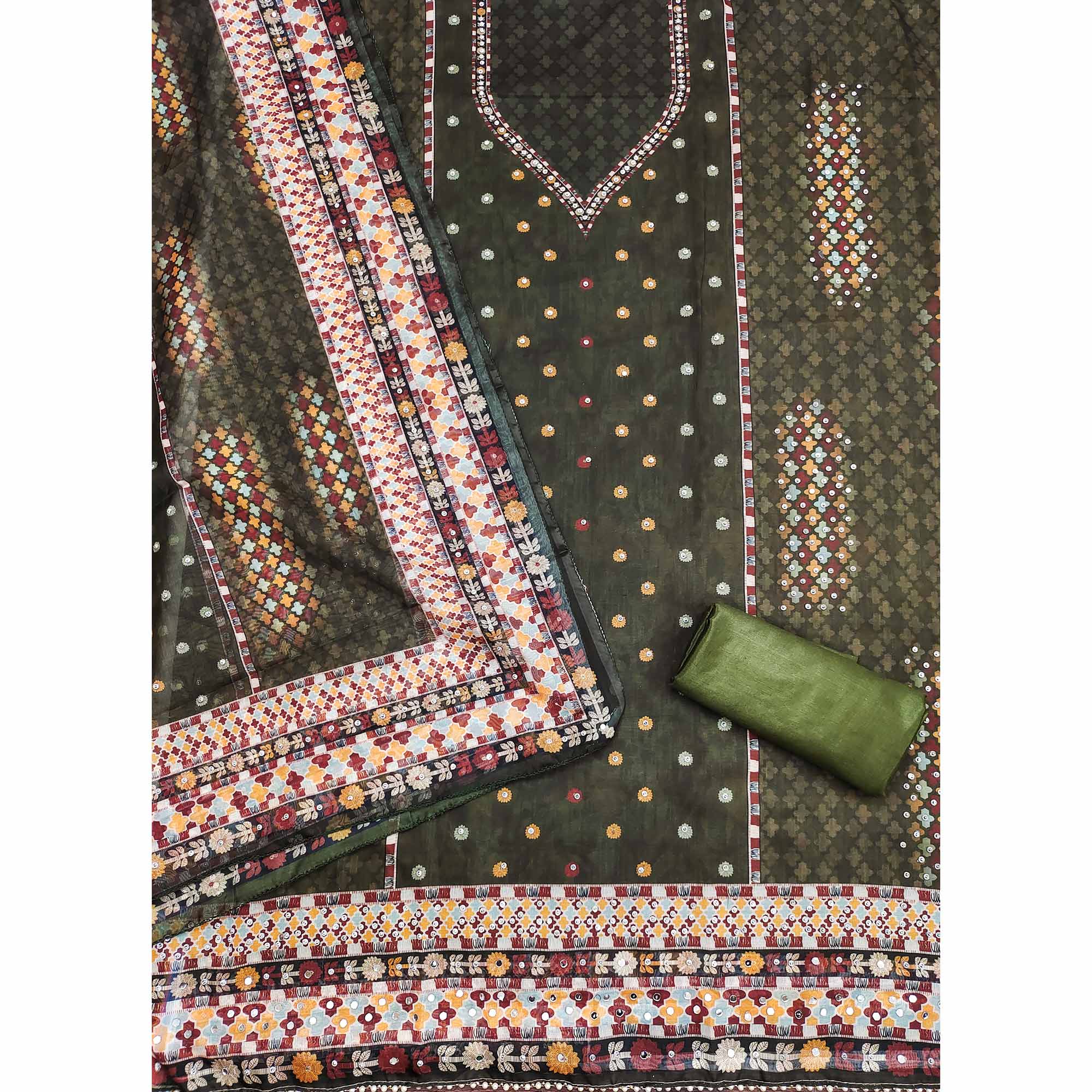 Mehendi Green Floral Digital Printed With Diamond Work Organza Dress Material