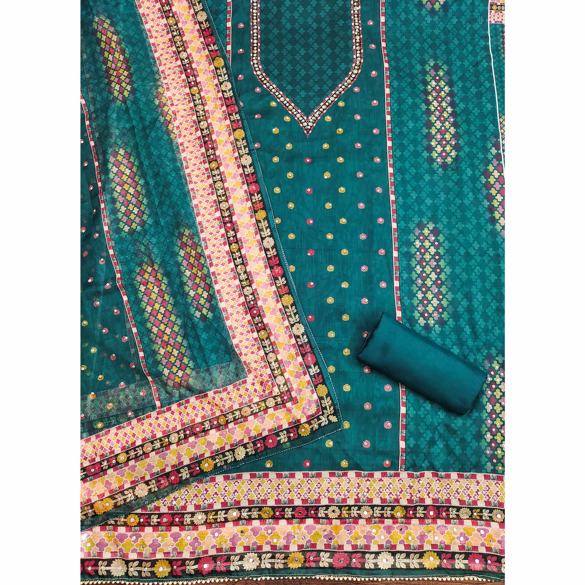 Teal Floral Digital Printed With Diamond Work Organza Dress Material