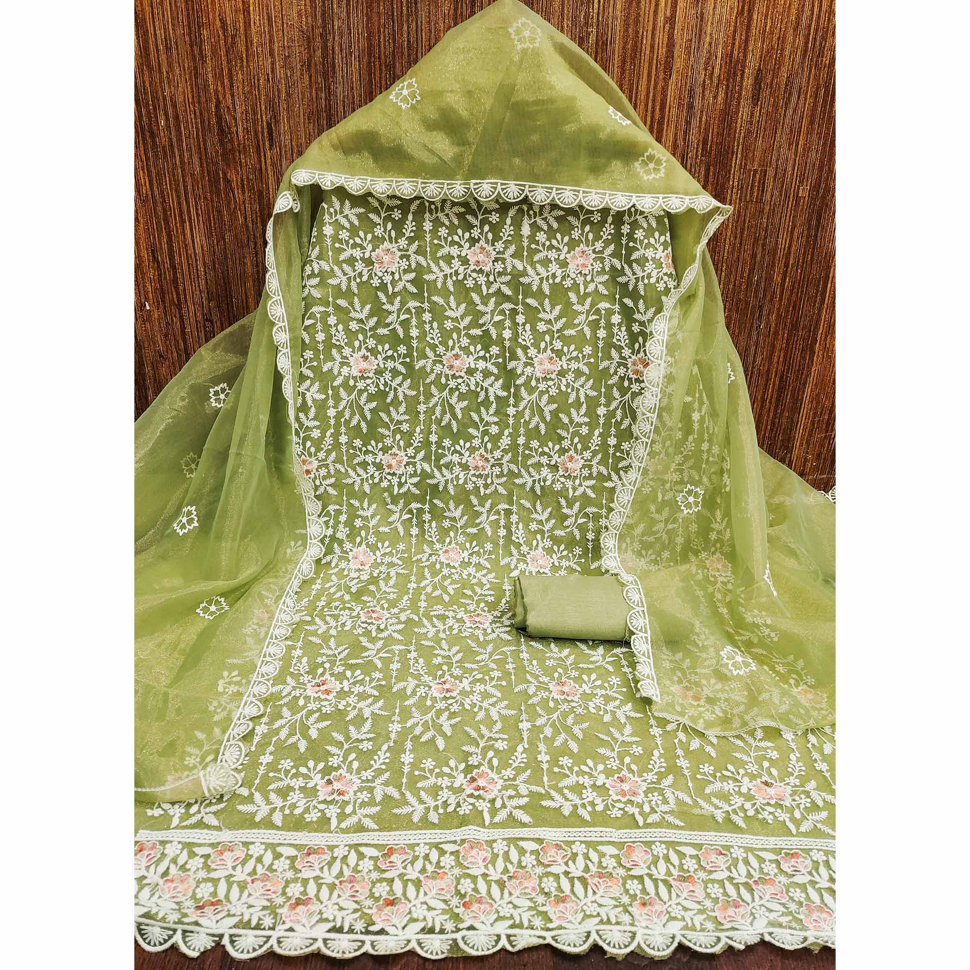 Graceful Green Organza Dress Material Adorned with Intricate Floral Embroidery