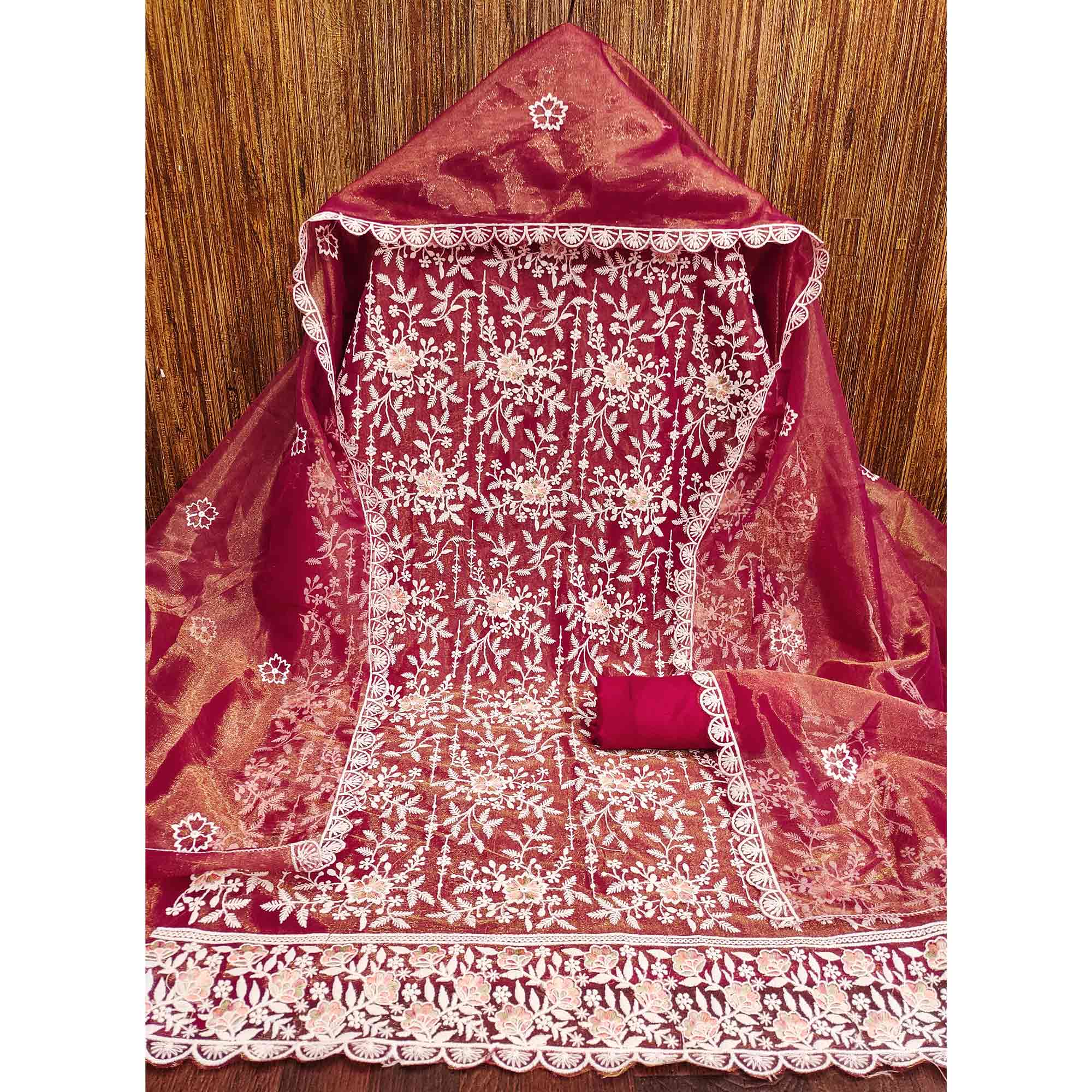 Sophisticated Maroon Organza Dress Material Adorned with Intricate Floral Embroidery