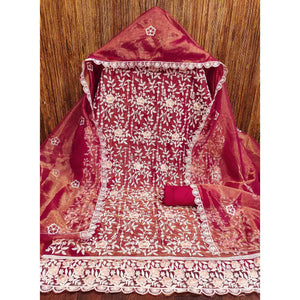 Sophisticated Maroon Organza Dress Material Adorned with Intricate Floral Embroidery