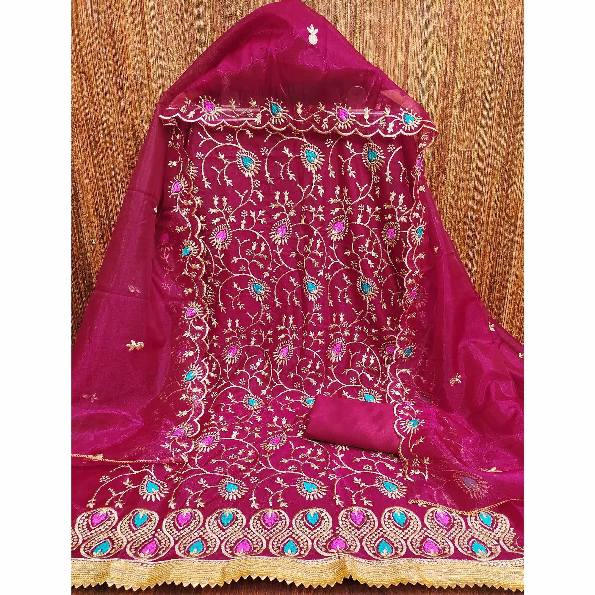 Refreshing Rani Pink Organza Dress Material with Exquisite Floral Thread & Zari Embroidery