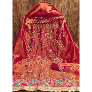 Elegant Rust Organza Dress Material with Exquisite Floral Thread & Zari Embroidery