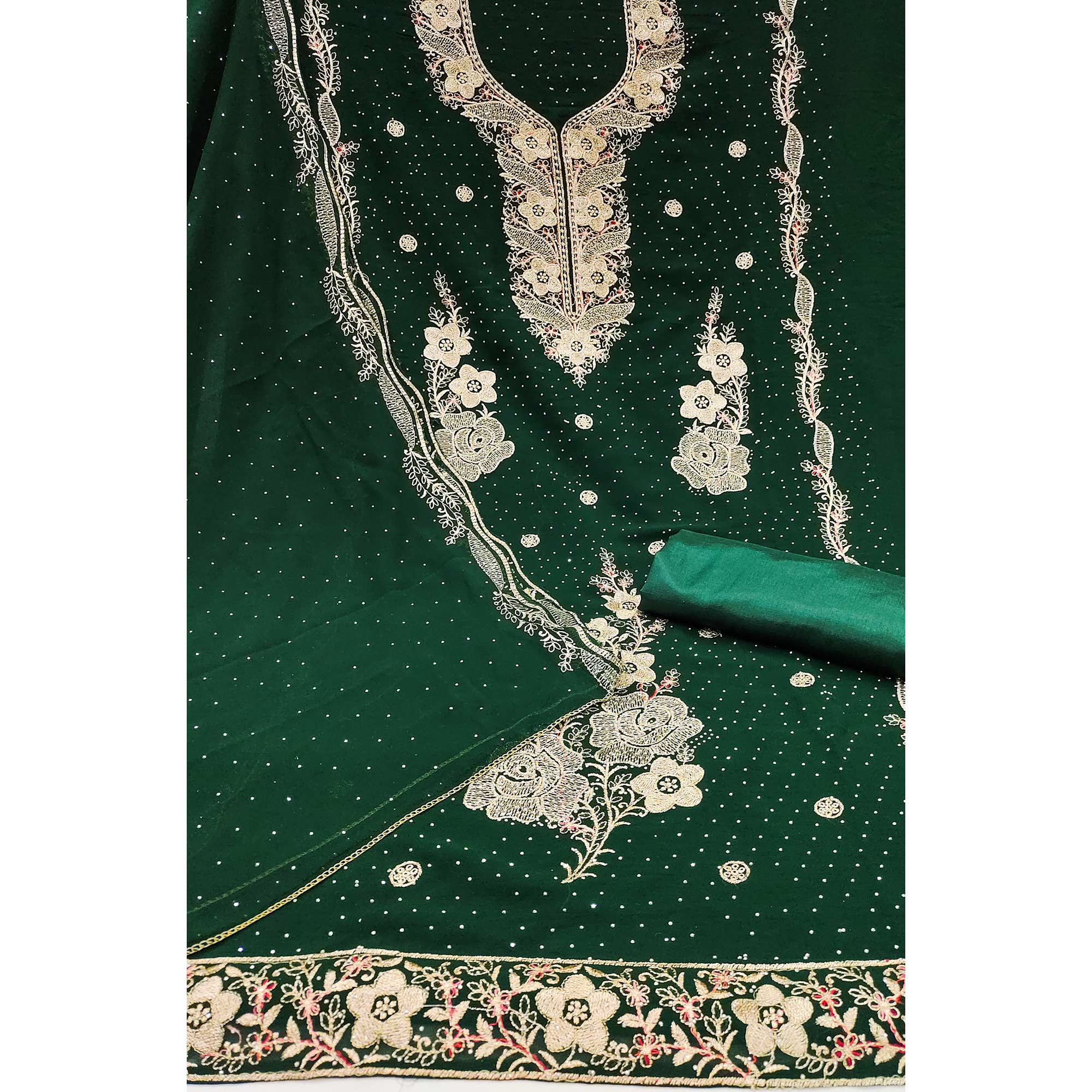Green Georgette Dress Material With Luxurious Floral Zari Embroidery & Stonework