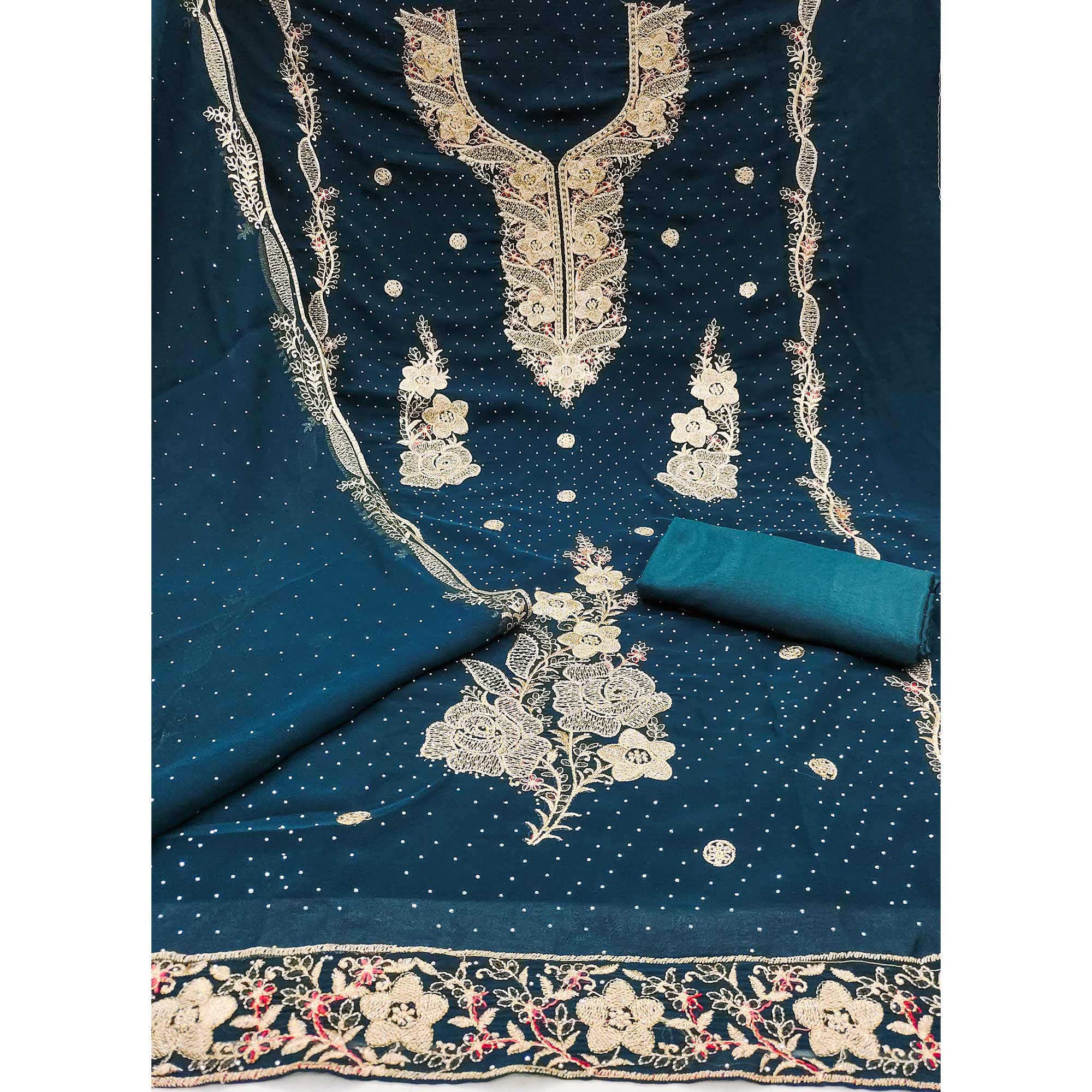 Morpich Blue Georgette Dress Material With Luxurious Floral Zari Embroidery & Stonework
