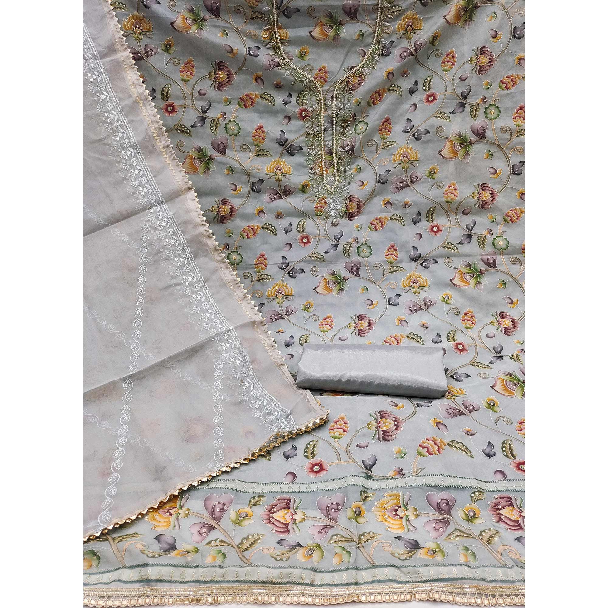 Grey Organza Dress Material With Graceful Floral Print With Handwork Detailing